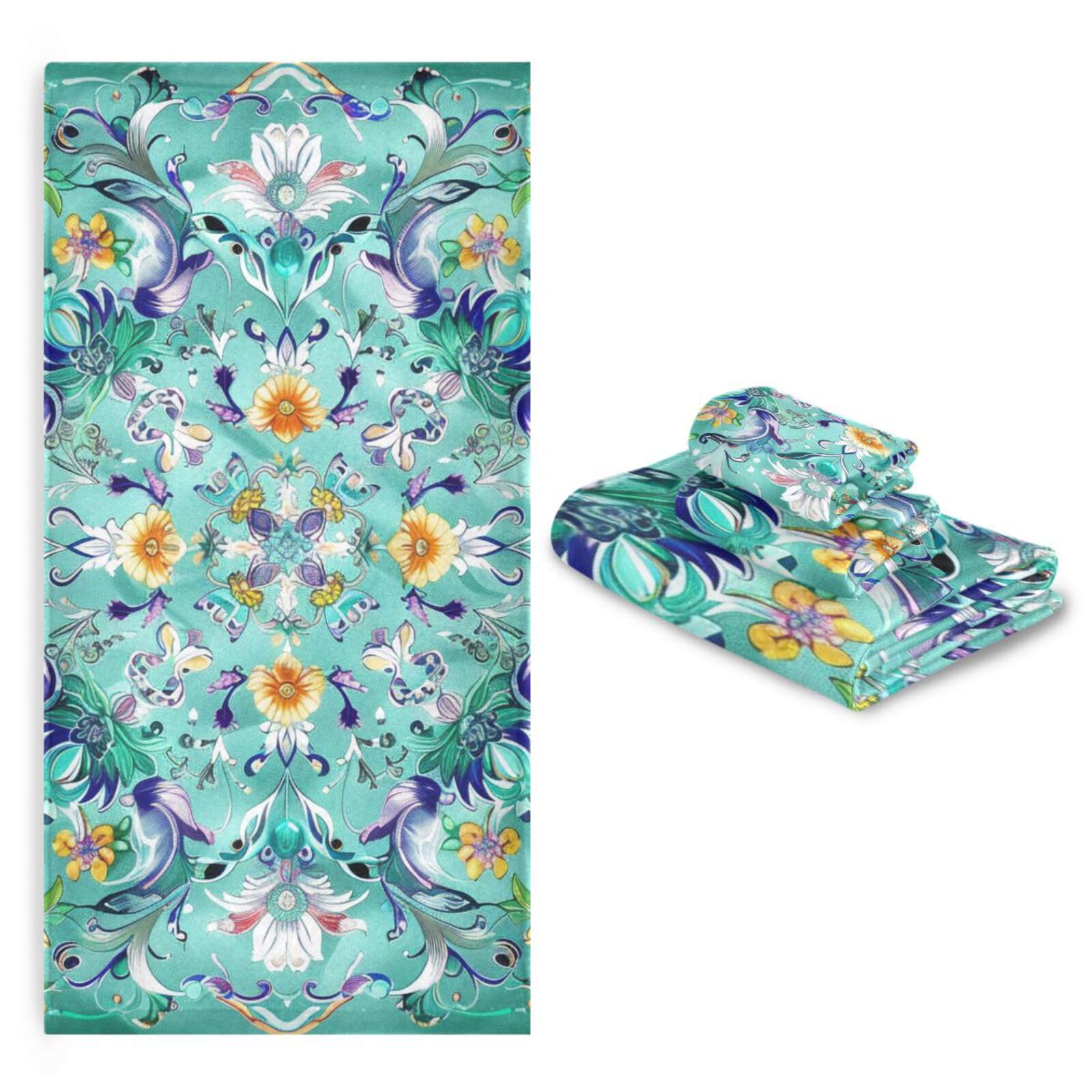 Styl boho kwiat kwiatowy zielony pomarańczowy od stóp do głów ręczniki do twarzy zestaw 3 sztuk, 1 ręcznik kąpielowy 1 ręcznik do rąk 1 myjka do kuchni łazienki jogi siłowni