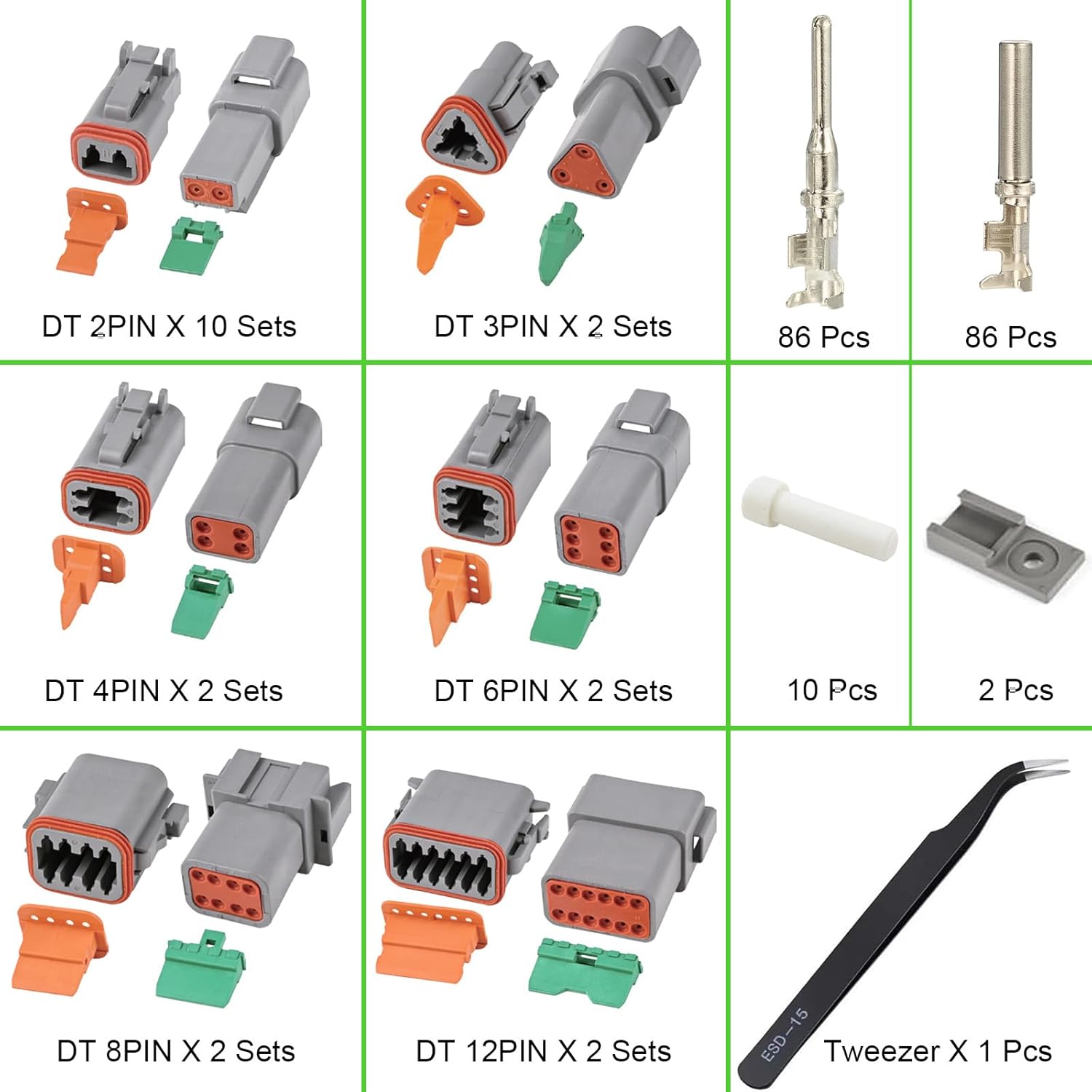 Deutsch Connector Kit 20 Sets, 2/3/4/6/8/12 Pin DT Connector Kit, Automotive Waterproof Wire Connectors, Electrical Connectors Kit with 16# Stamped Contacts for Car, RV, Truck Wiring 22-16AWG