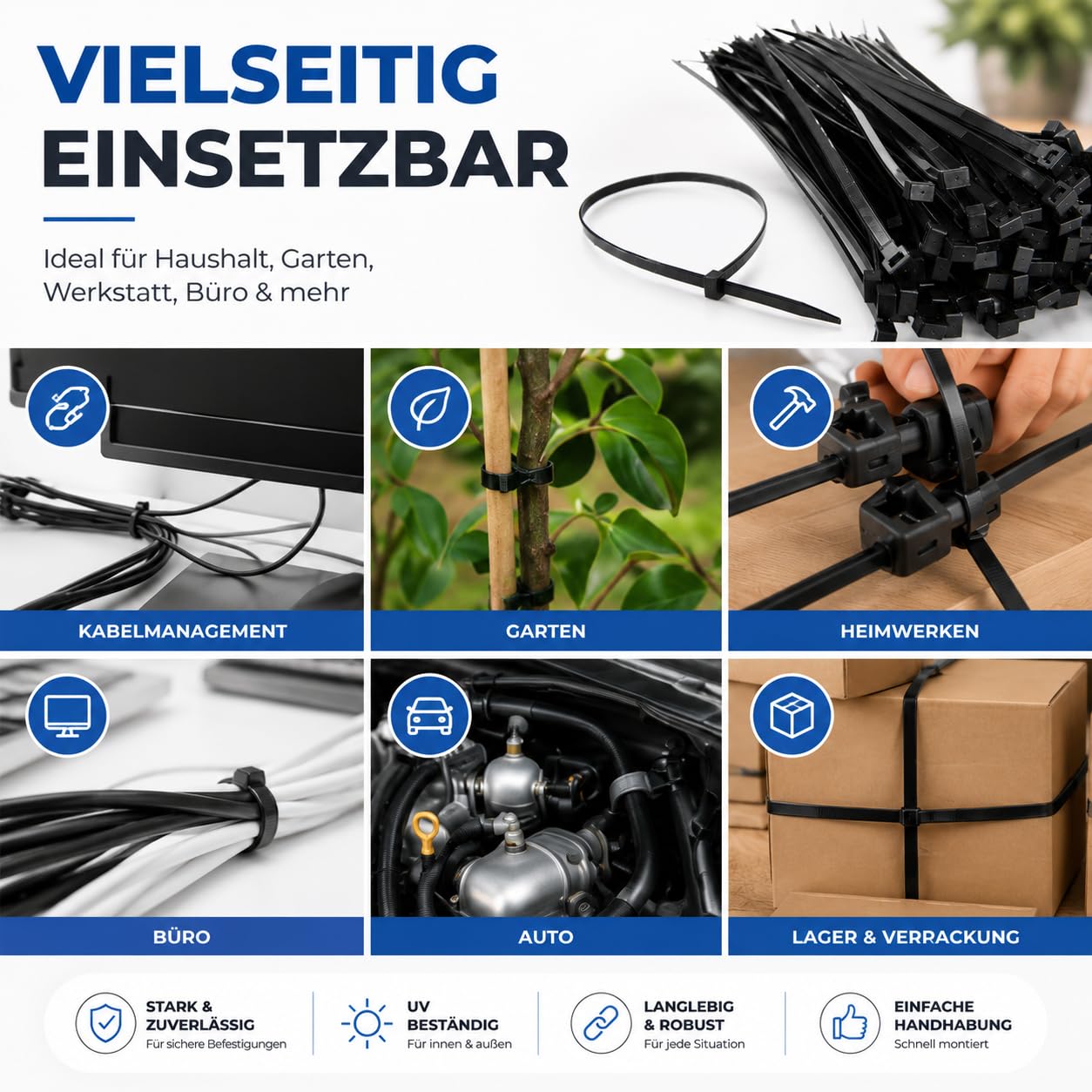 Set di 100 fascette stringicavo nero resistenti agli strappi e ai raggi UV 150 mm x 3,6 mm