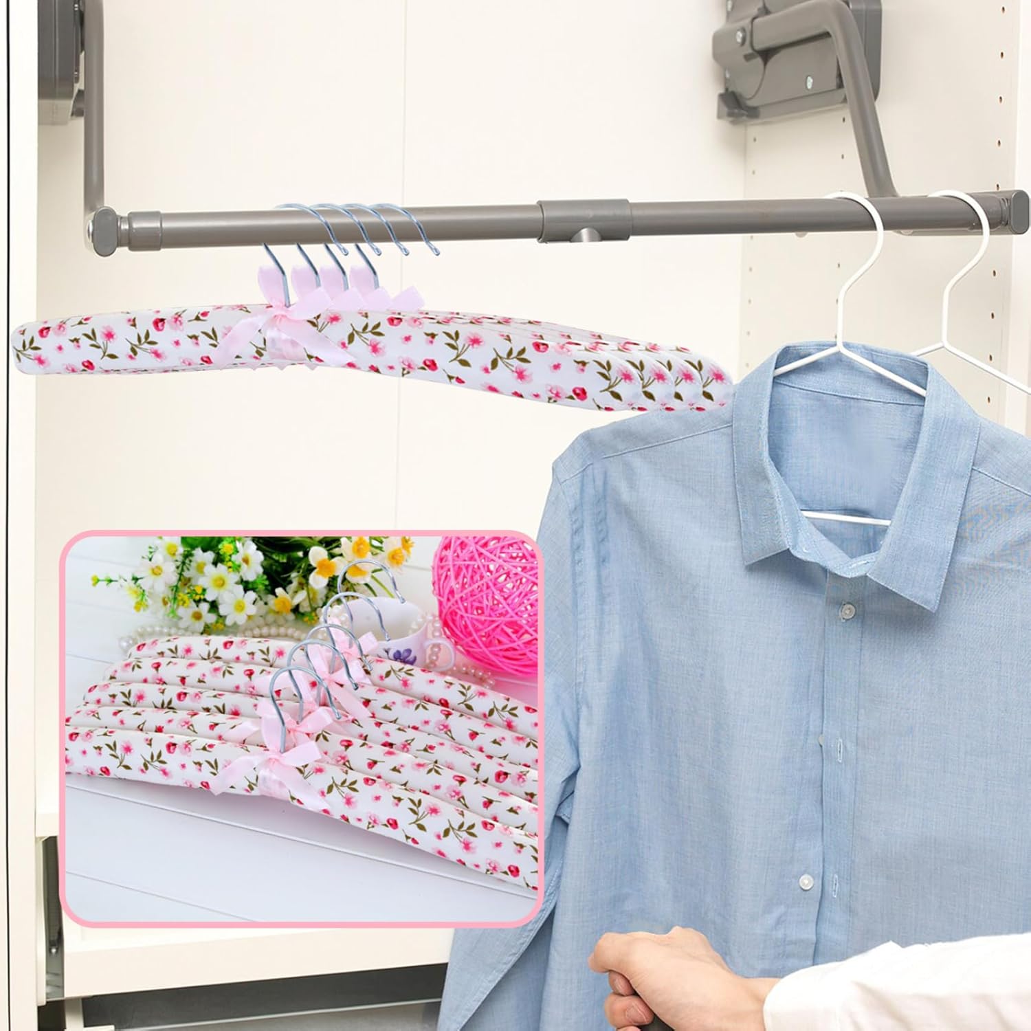 Padded Coat Hangers, 10PCS Non-Slip Padded Hangers, Flower Satin Padded Clothes Hangers, Soft Sweater Hangers for Shirt Blouse Dress Style Padded Hangers(Style 1)