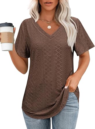 OFEEFAN قمصان نسائية V الرقبة قصيرة الأكمام قمم عارضة فضفاضة تناسب المحملات الأساسية مع تنحنح منحني