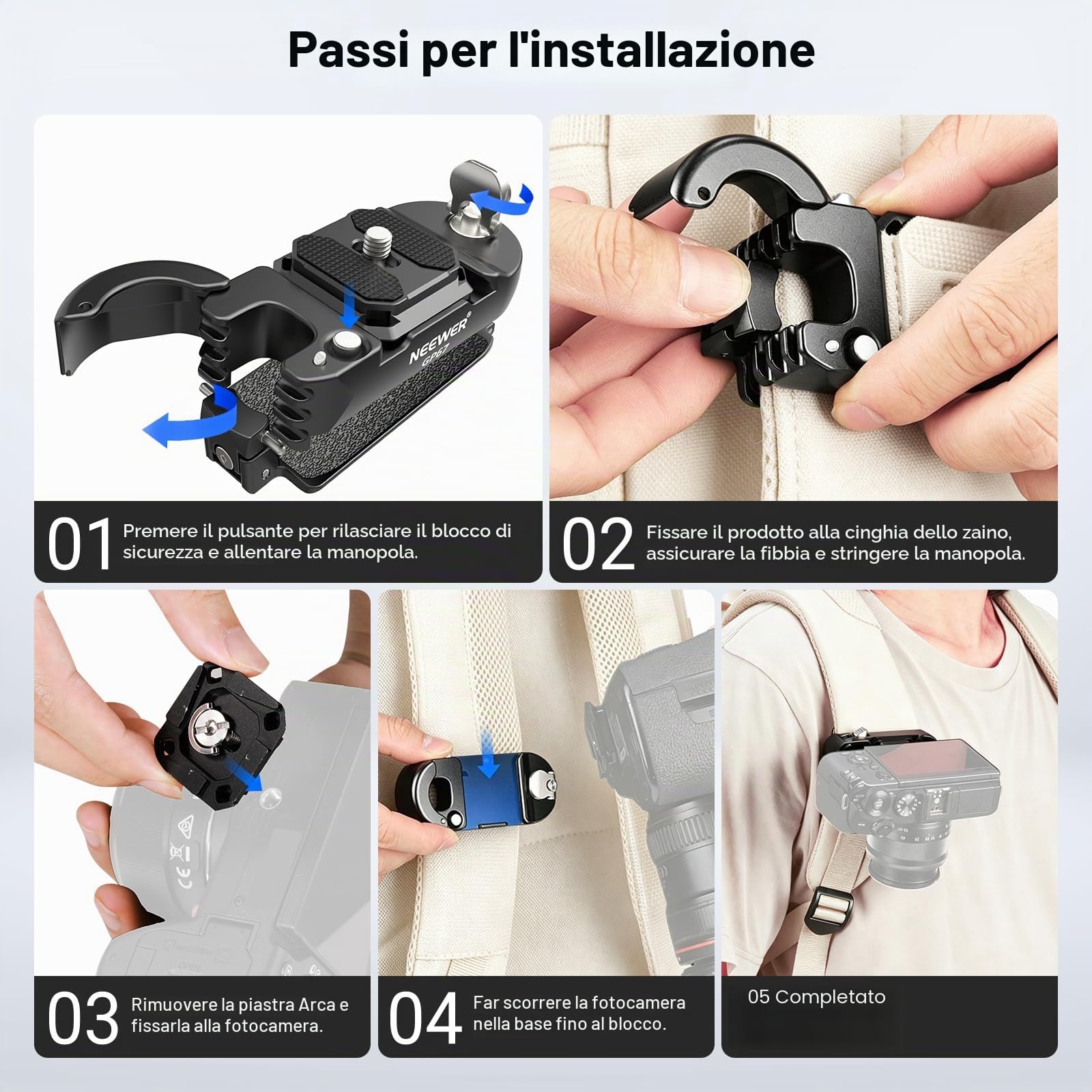NEEWER Clip per Zaino per Fotocamera, Attacco a Sgancio Rapido Compatibile con Sistema PD e Piastra Tipo Arca, Blocco di Sicurezza, Fotocamere DSLR e Mirrorless Carico di 10kg（22lb）