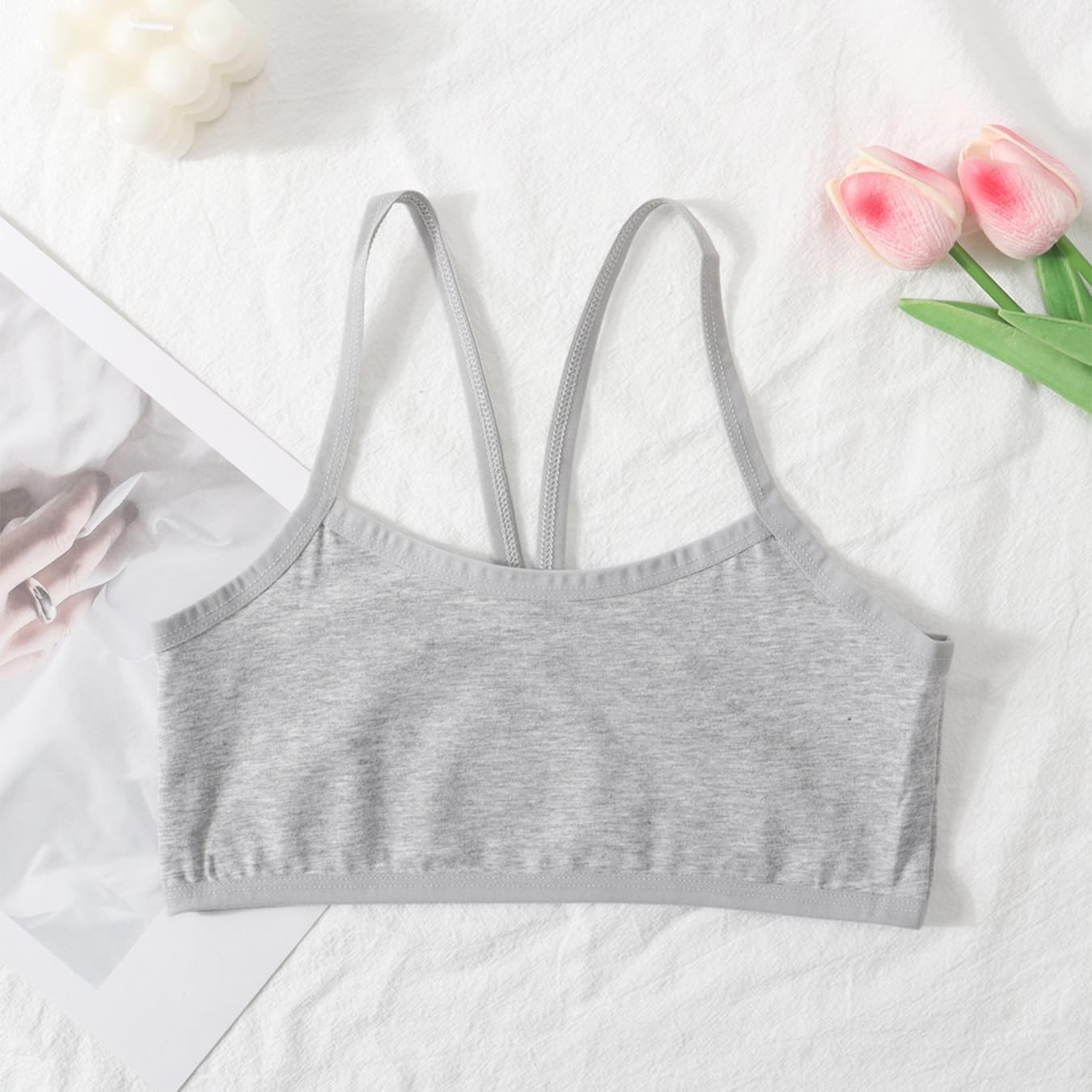 Girls Training Bras 6 Pack, Soft Cotton Cami Starter Bras for Girls Ages 6-9, Unpadded Everyday Bras with Fixed Straps