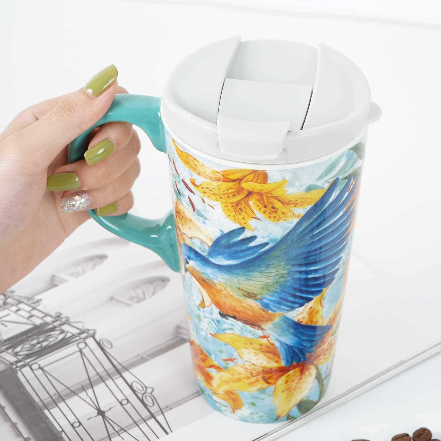 TZSSP Ceramic Mug Coffee Porcelain Latte Tea Cup 17oz. Magpie Bird - Image 3