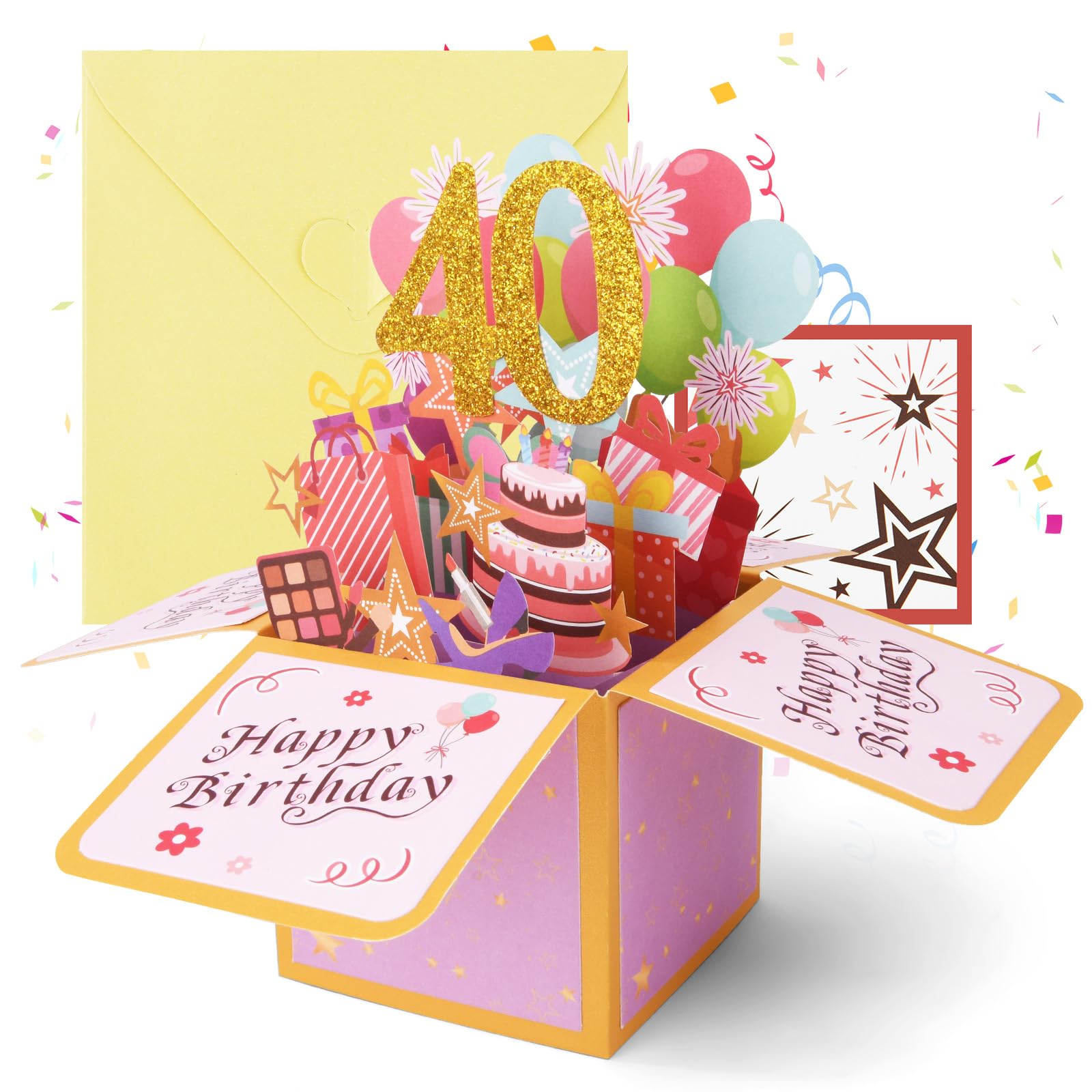 OFFCUP 40. Geburtstagskarte 3D Grußkarte zum 40. Geburtstag Pop Up Karte mit Umschlag Happy Birthday Geburtstagskarten Geburtstagsgeschenk für Frauen Kinder Freundin Männer (Gold Pink)