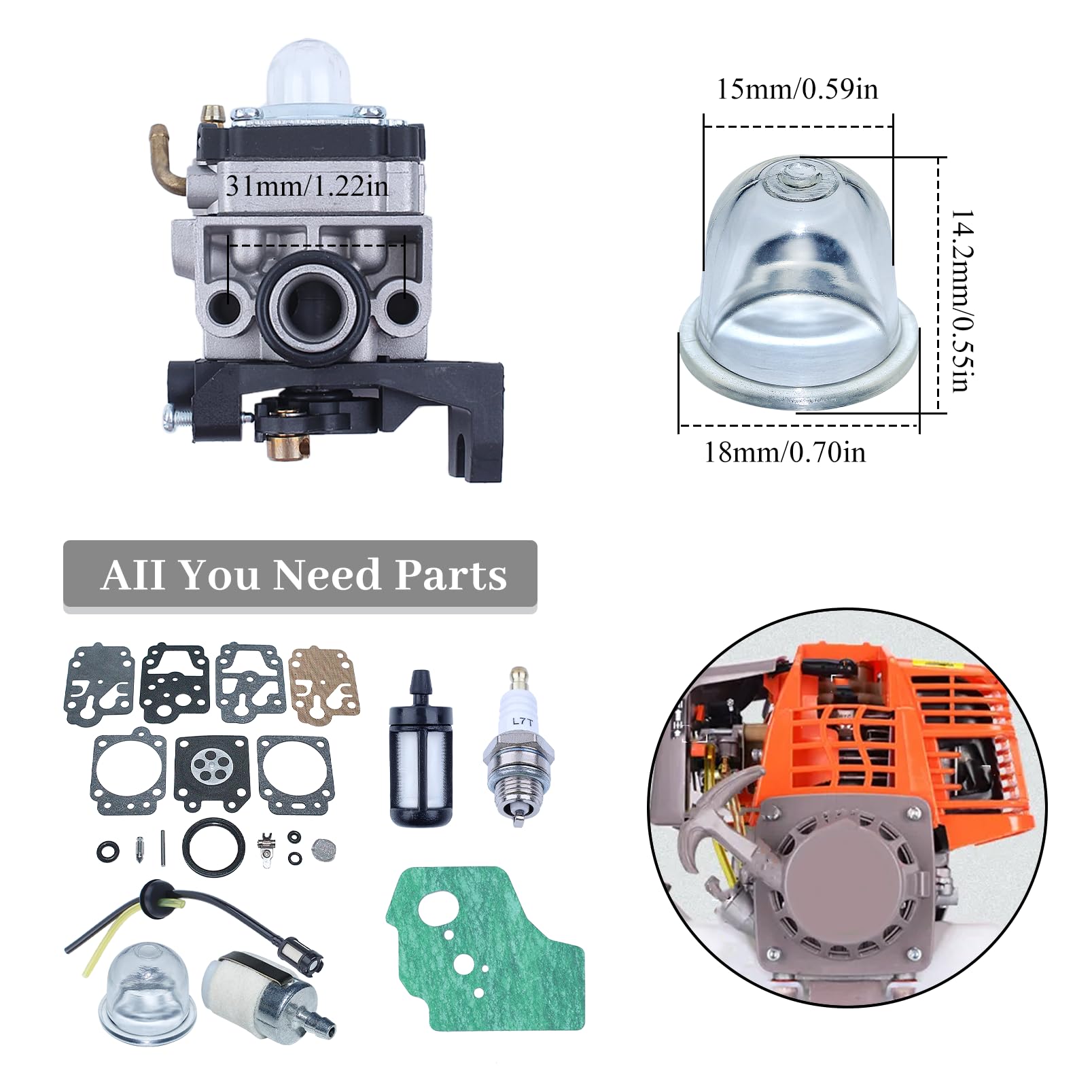 Carburatore Kit per Honda GX35 GX25 GX22 GX31 Decespugliatore Carburatore Sostituire OEM 16100-Z0Z-034 con Guarnizione, Candela, Tubo Flessibile, Bolle d'Olio, Filtro Carburante