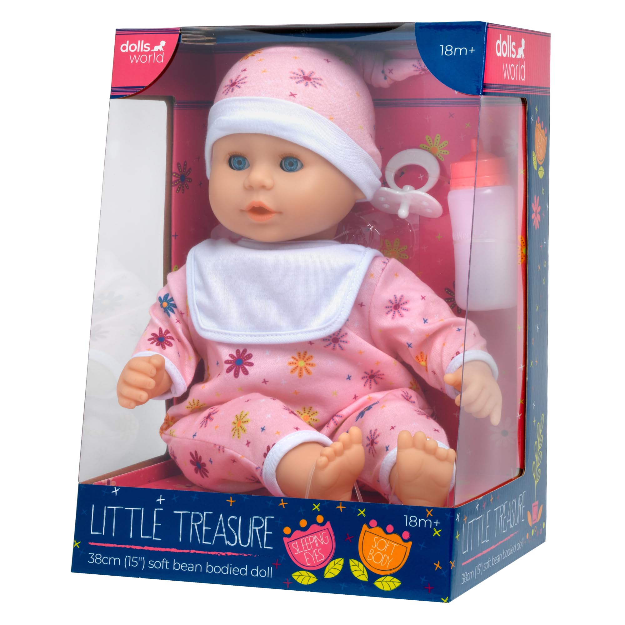 Dolls World from John Adams | Little Treasure Doll | White Girl 38cm Soft Bodied Baby Doll with Weighted Bottom, Sleeping Eyes, Romper, Hat, Bottle & Dummy | Baby Dolls for Girls Aged 18 Months+