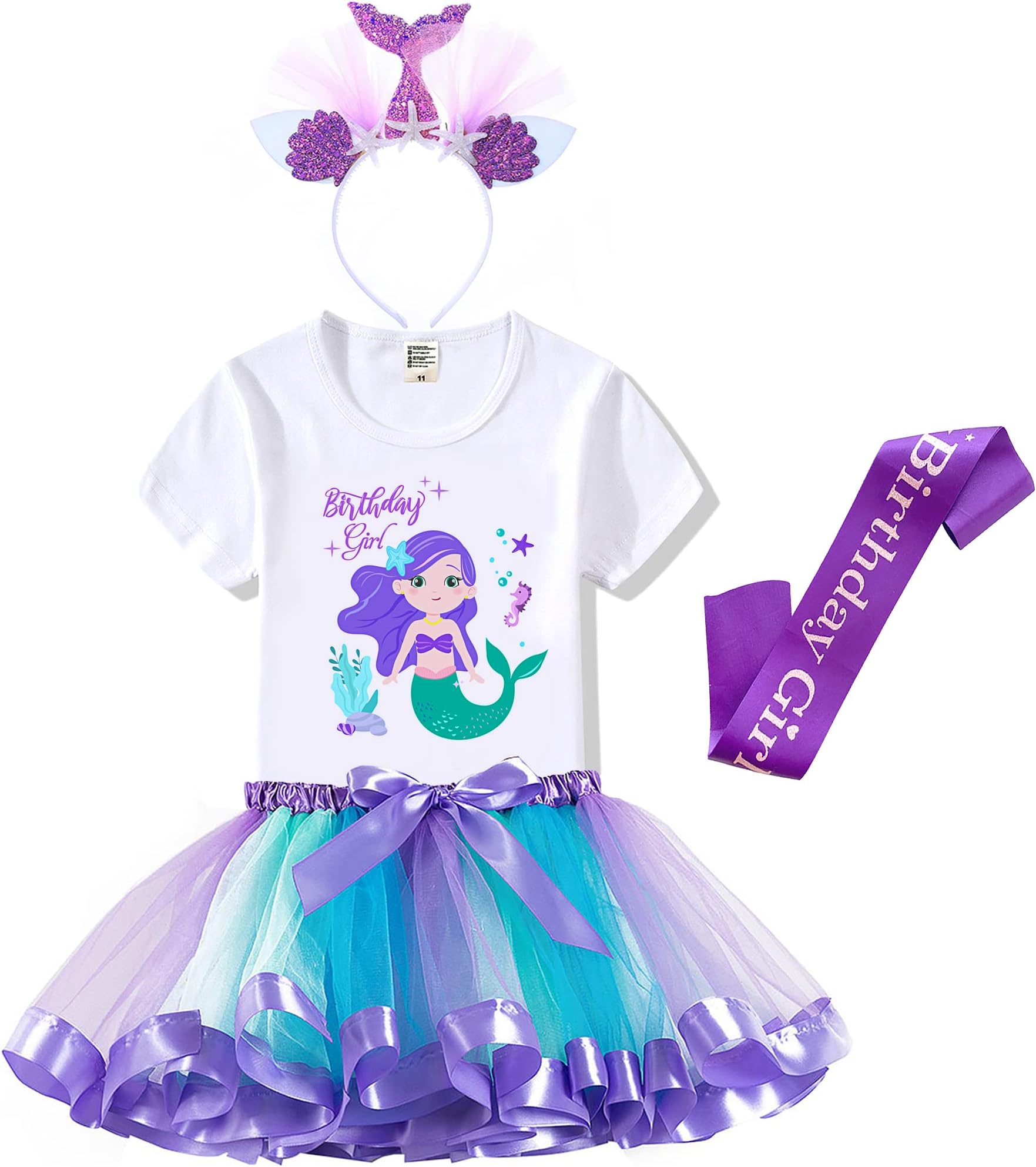 Mermaid Outfit Set – Shirt, Rainbow Tutu Dress, Satin Sash, Headband – Birthday Gifts for Girls Costume