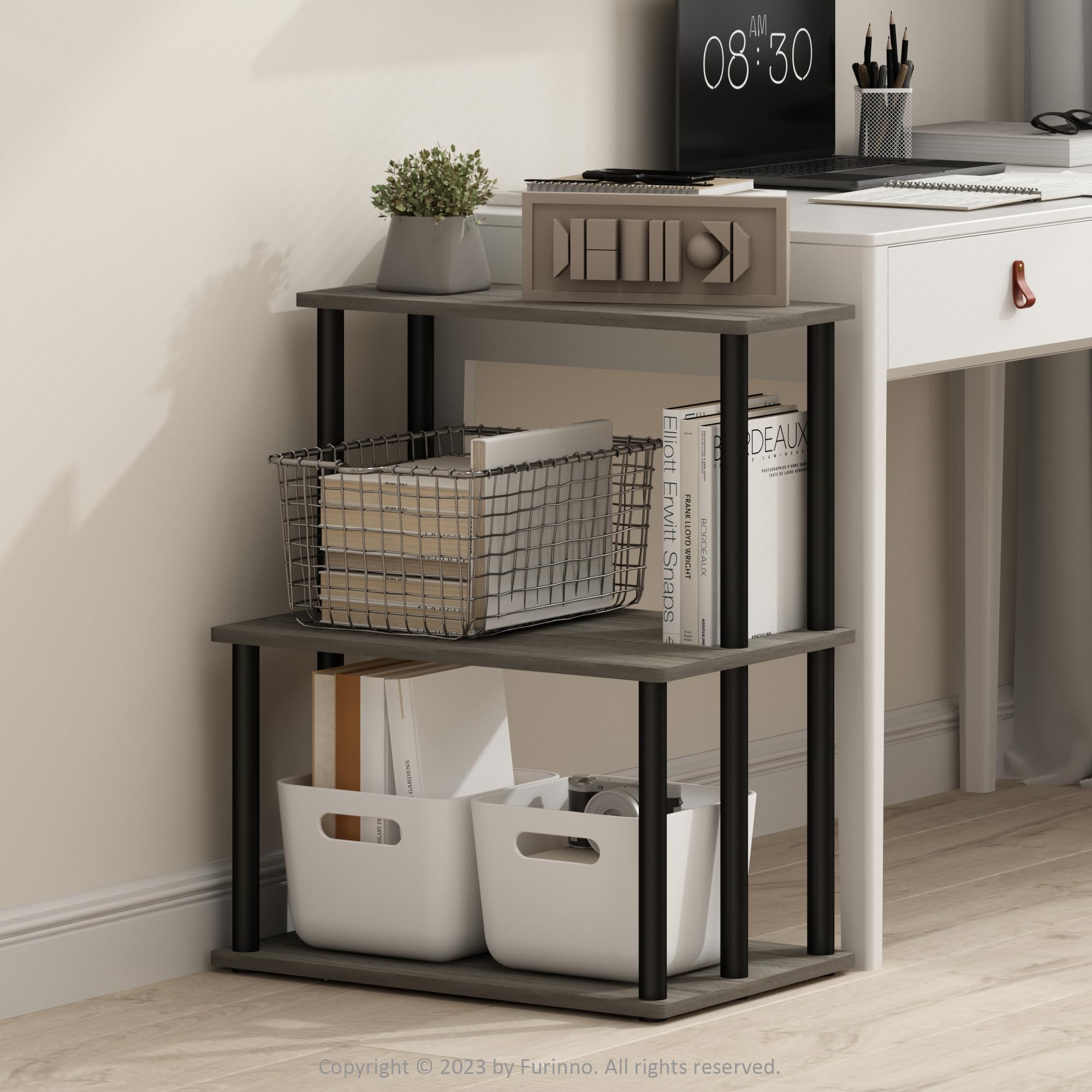 Furinno TURN-N-TUBE Printer Stand, 3-Tier Printer Table with with Storage Shelf, Open Frame Standing Shelf, for CPU, Office Supplies, Home Office, French Oak Grey