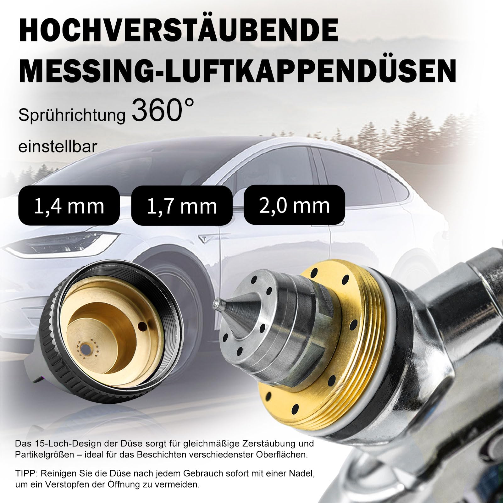 HVLP pistolet natryskowy, zestaw premium z dyszami 1,4/1,7/2,0 mm i regulatorem ciśnienia powietrza i 10 kubkami mikserskimi 650 ml, do zastosowania w samochodach (czarny)