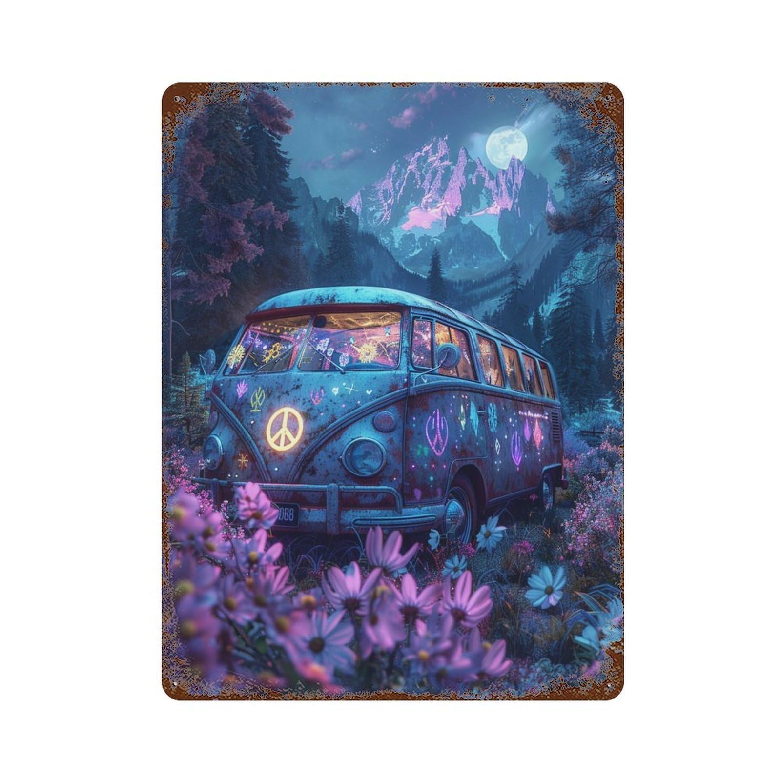 Retro Metal Sign Vibrant Van in Enchanted Forest 15.7"x11.8", Retro Wall Decor for Living Room, Hallway And Home Decor