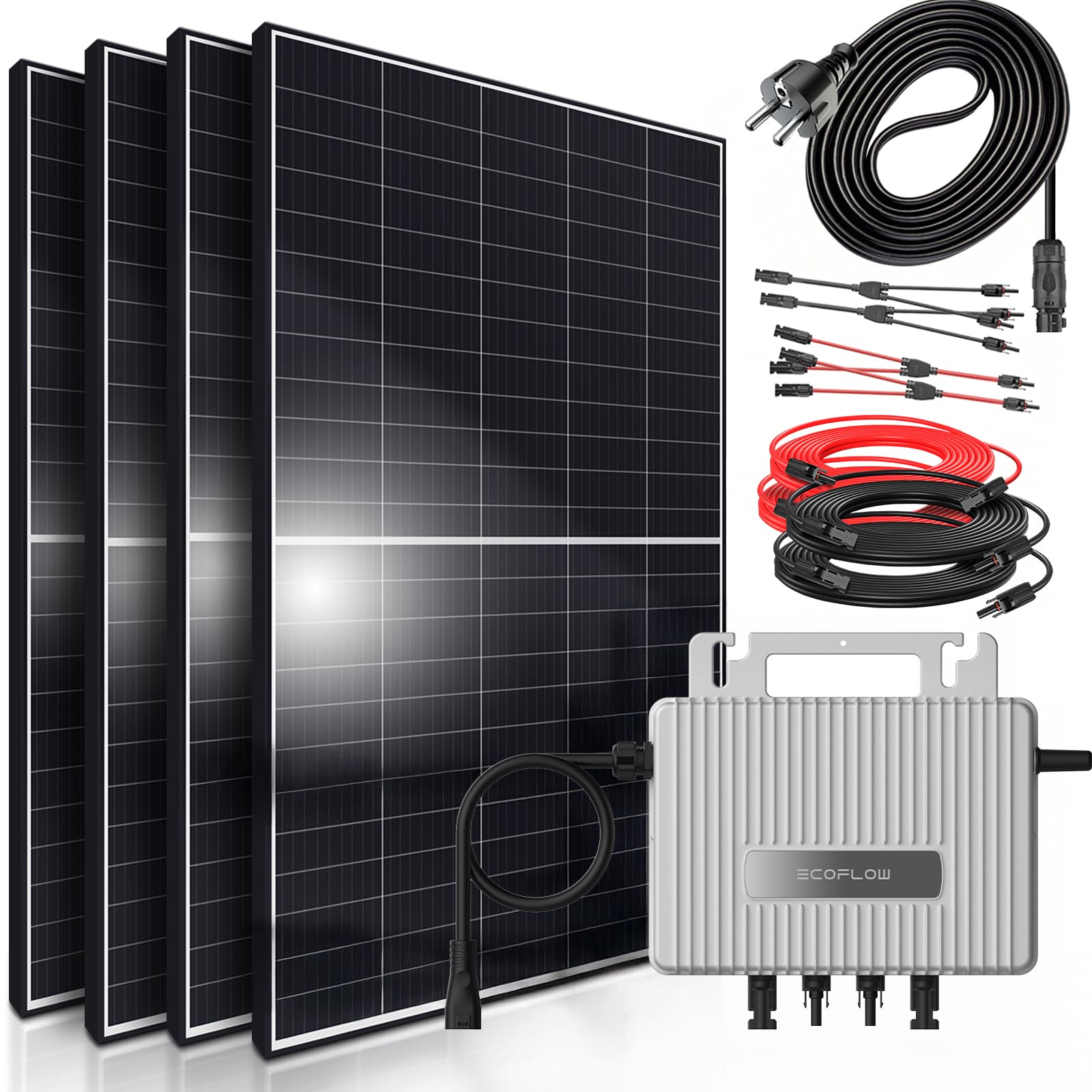 SUNNIVA® 1700W Balkonkraftwerk 800W komplett Steckdose - Ecoflow S 800W Micro Wechselrichter - PV Solaranlage Komplettset, 4x 425W (1700W) Solarmodule, inkl.5m Kabel, Y-Verteiler, Bluetooth, WIFI