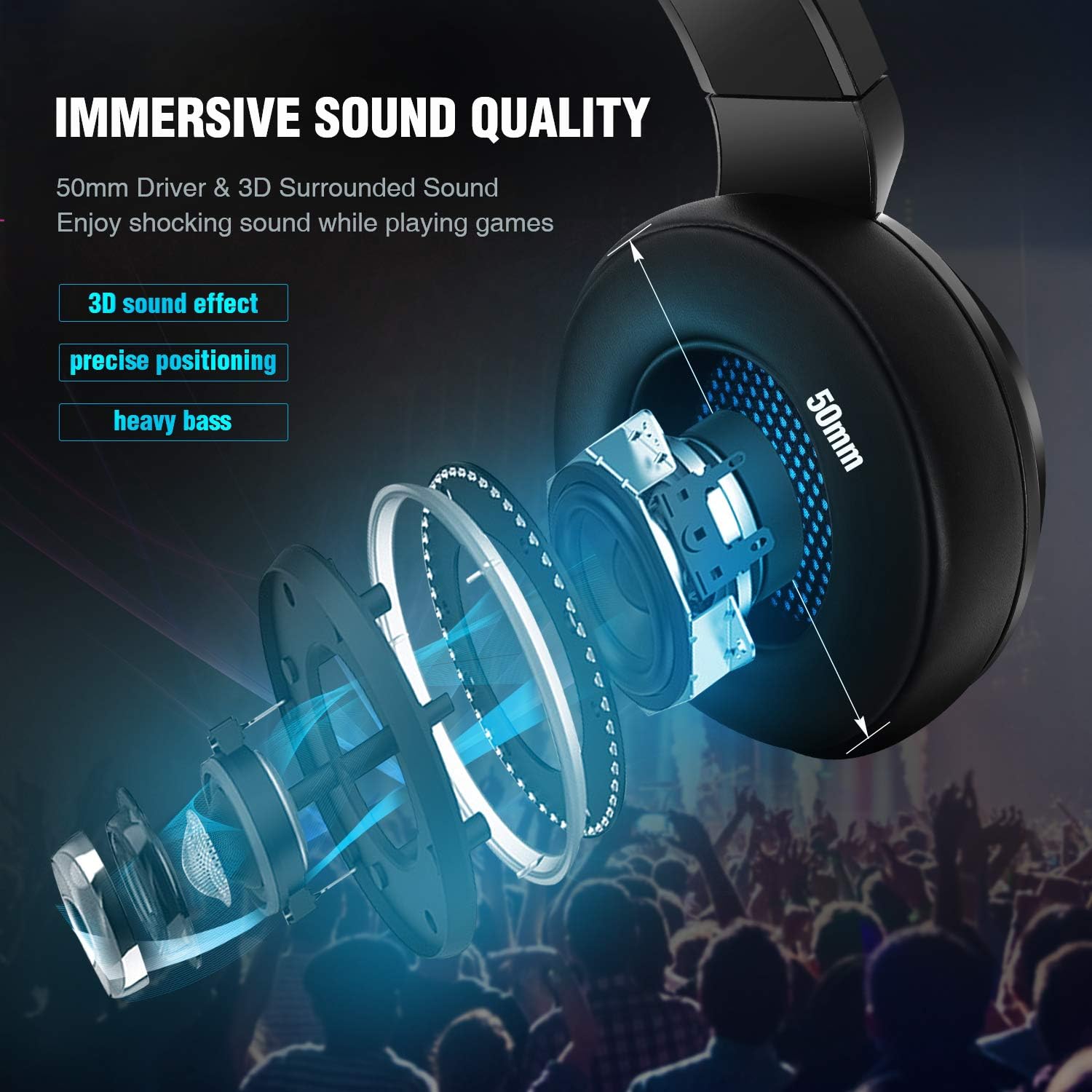 Gaming Headset with Mic for Xbox One PS4 PS5 PC Switch Tablet Smartphone, Headphones Stereo Over Ear Bass 3.5mm Microphone Noise Canceling 7 LED Light Soft Memory Earmuffs(Free Adapter)