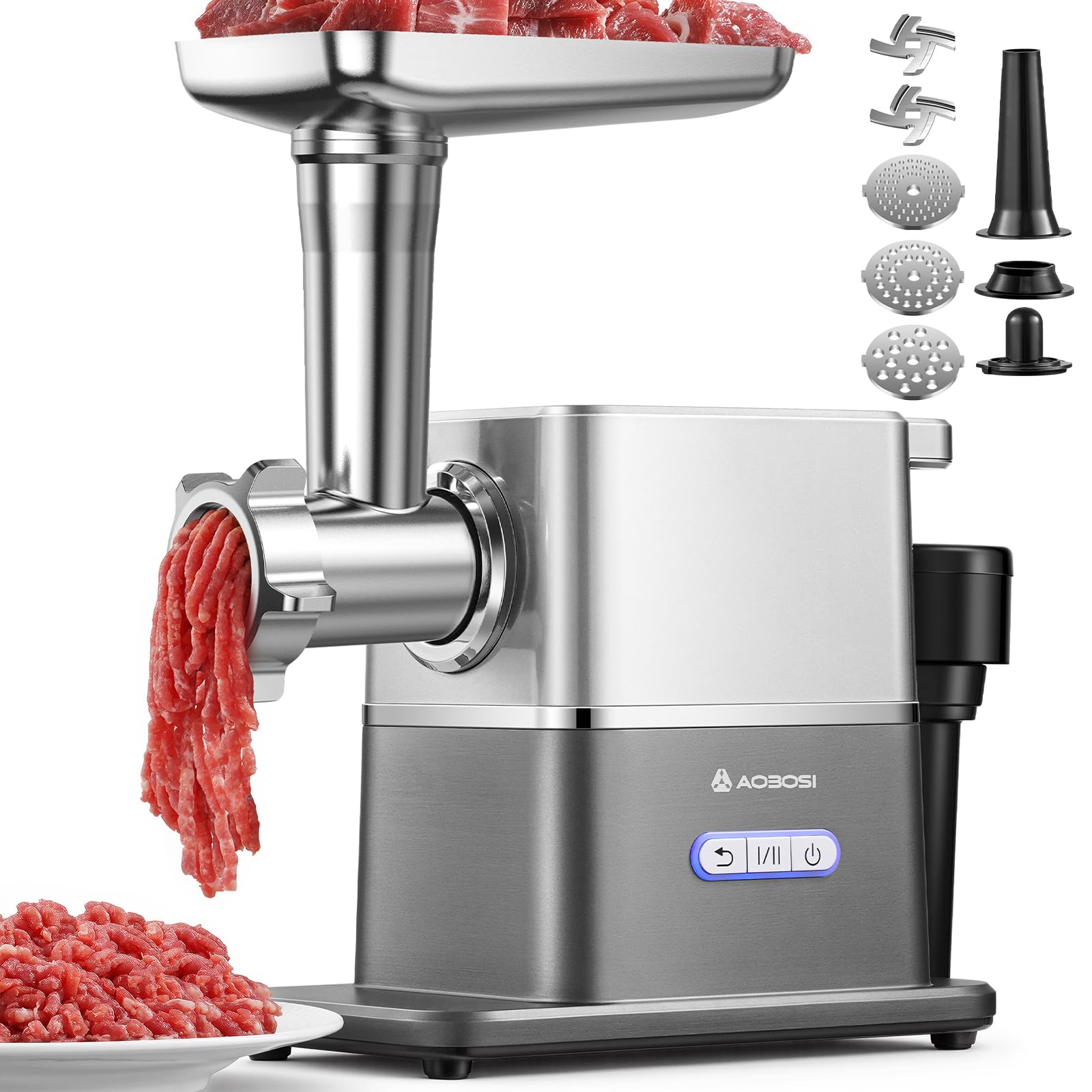 AOBOSI Picadora De Carne Silenciosa - 3000W Máx. Con Motor DC, Solo 60dB, Reversa Automática Y Empujador De Alimentos Con Almacenaje - 3 Niveles De Velocidad, Para Moler, Hacer Embutidos Y Kibbe