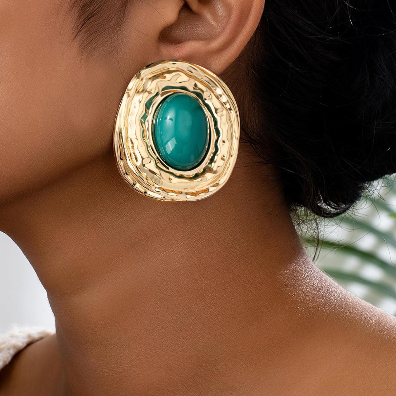 Chunky Turquoise Gold Earrings for Women Vintage Extra Big Oval Statement Earrings Exaggerated Dangle Drop Earrings Western Natural Gemstone Jewelry Accessories - Image 3