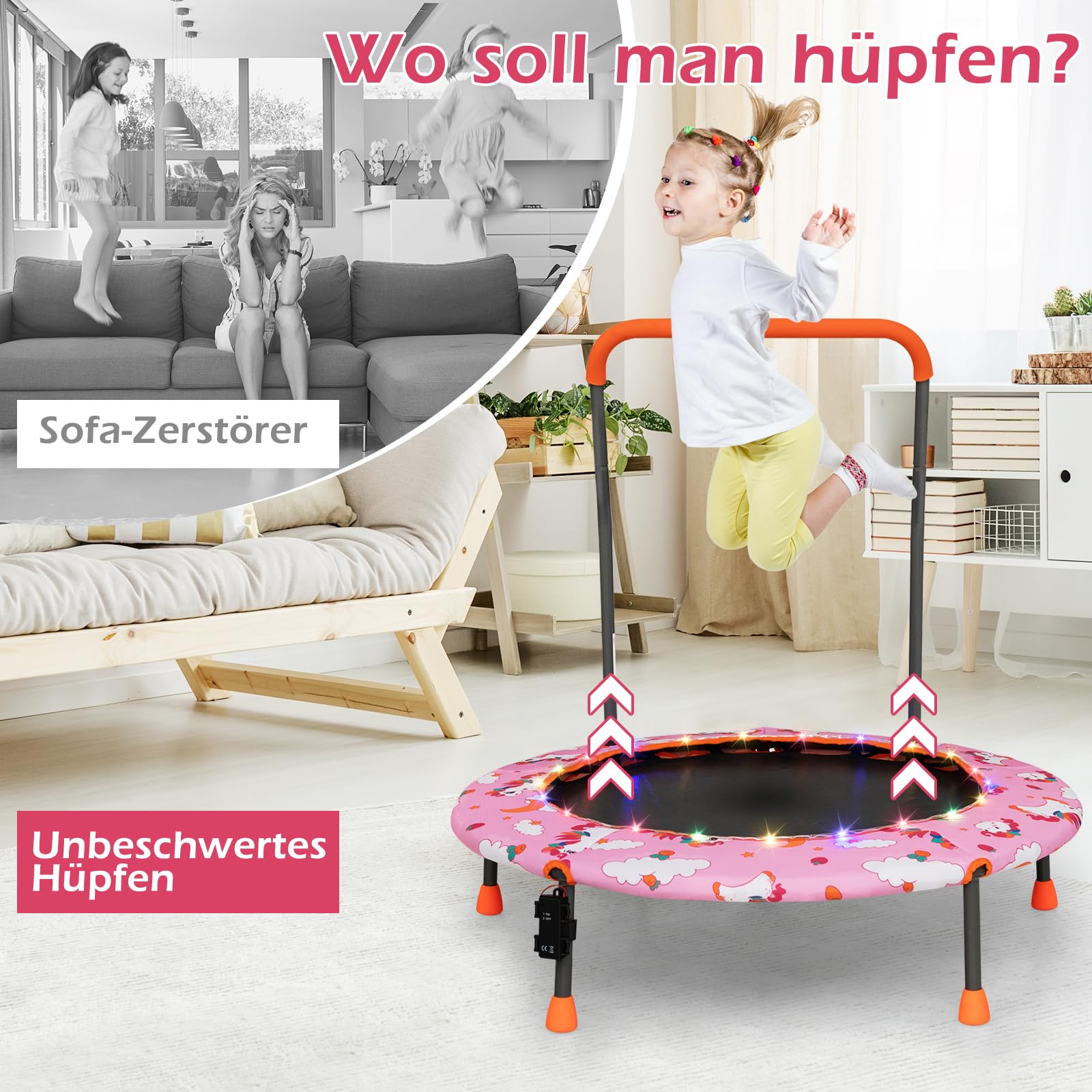 COSTWAY 92 cm trampolina z oświetleniem LED, zdejmowany uchwyt, mini trampolina dla dzieci w wieku 3-6 lat, wewnątrz i na zewnątrz