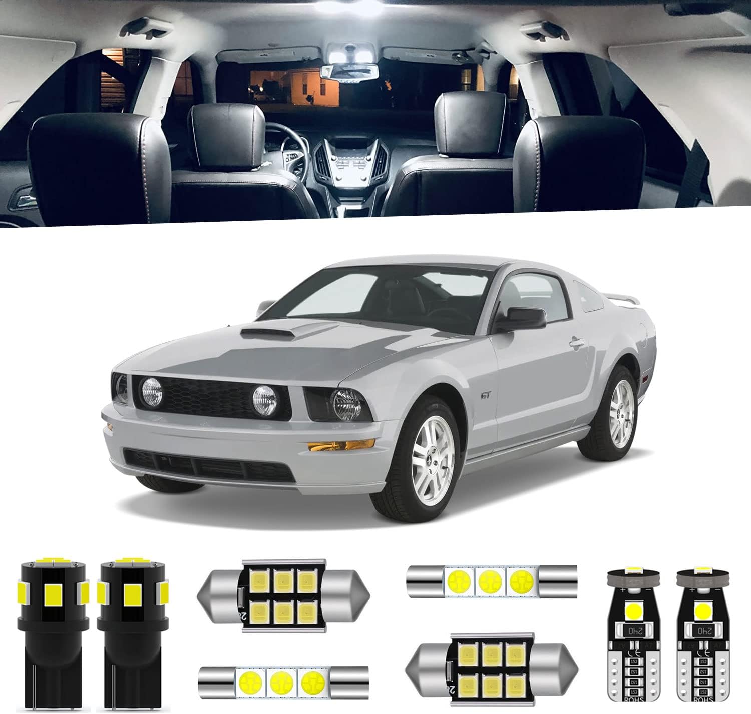 5-Pieces Super Bright Interior LED Light Kit Compatible with Ford Mustang 2005 2006 2007 2008 2009 White 6000K Interior LED Map Trunk Lighting Package + License Plate Lights, Install Tool