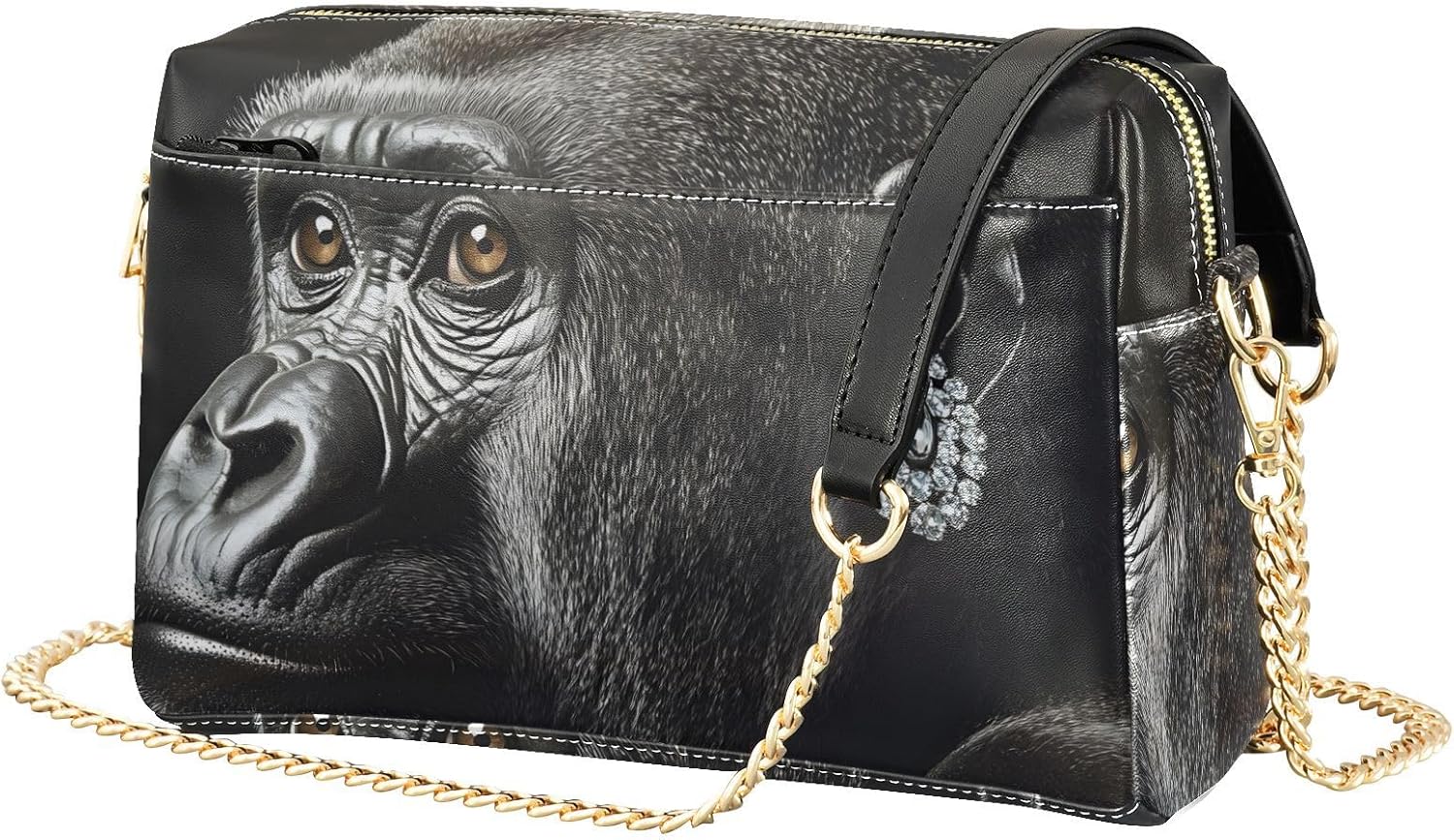 Women Crossbody Bag Shoulder Handbag Cellphone Purse Beautiful Gorilla Print, PU Leather Metal Chain Strap Water Resistant Zipper Closure