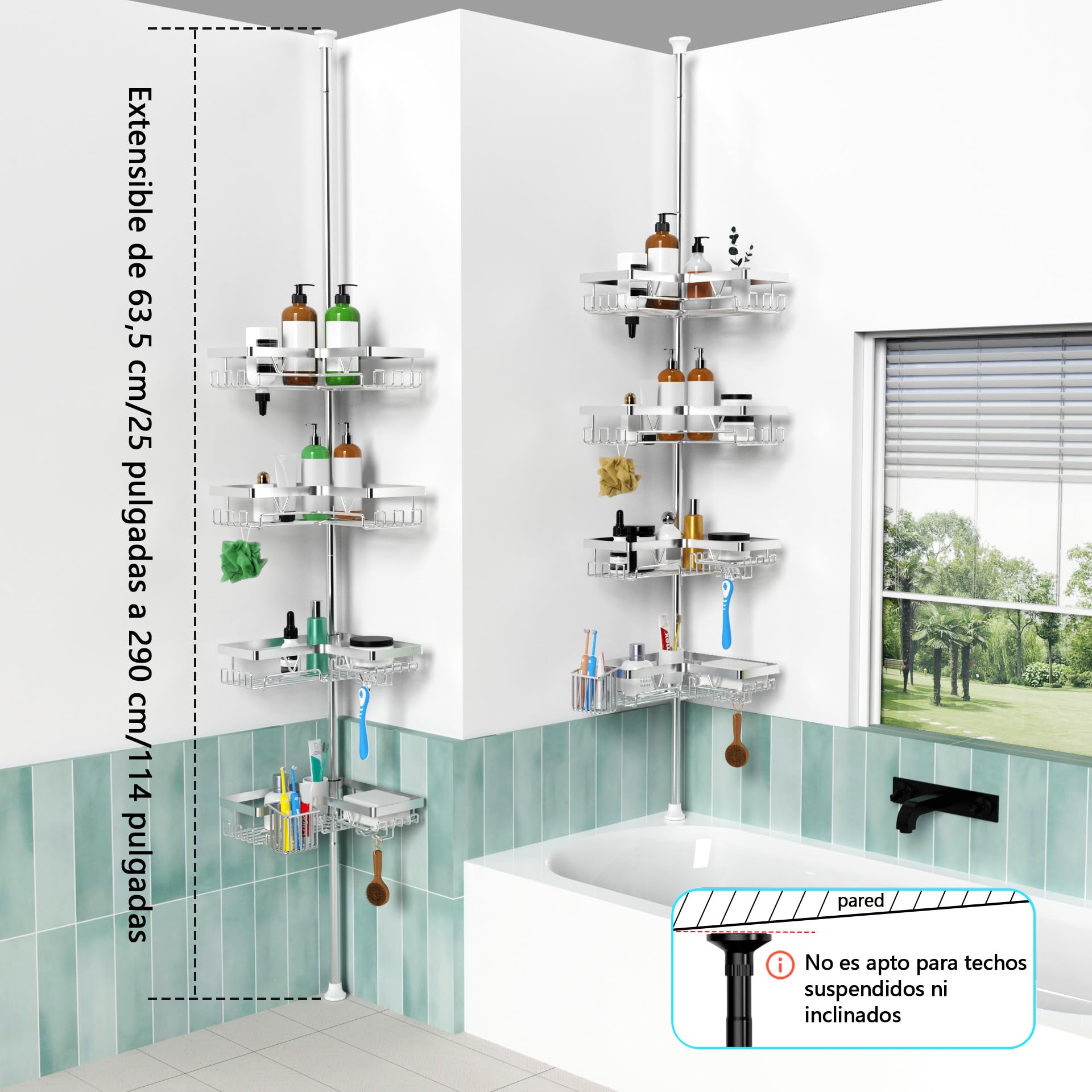 KEGII Estanteria Baño - Estanteria Telescopica Baño con 4 Estante Ducha, Soporte para Cepillos de Dientes, Ajustable 63.5-290 cm para Esquina o Bañera, Plata