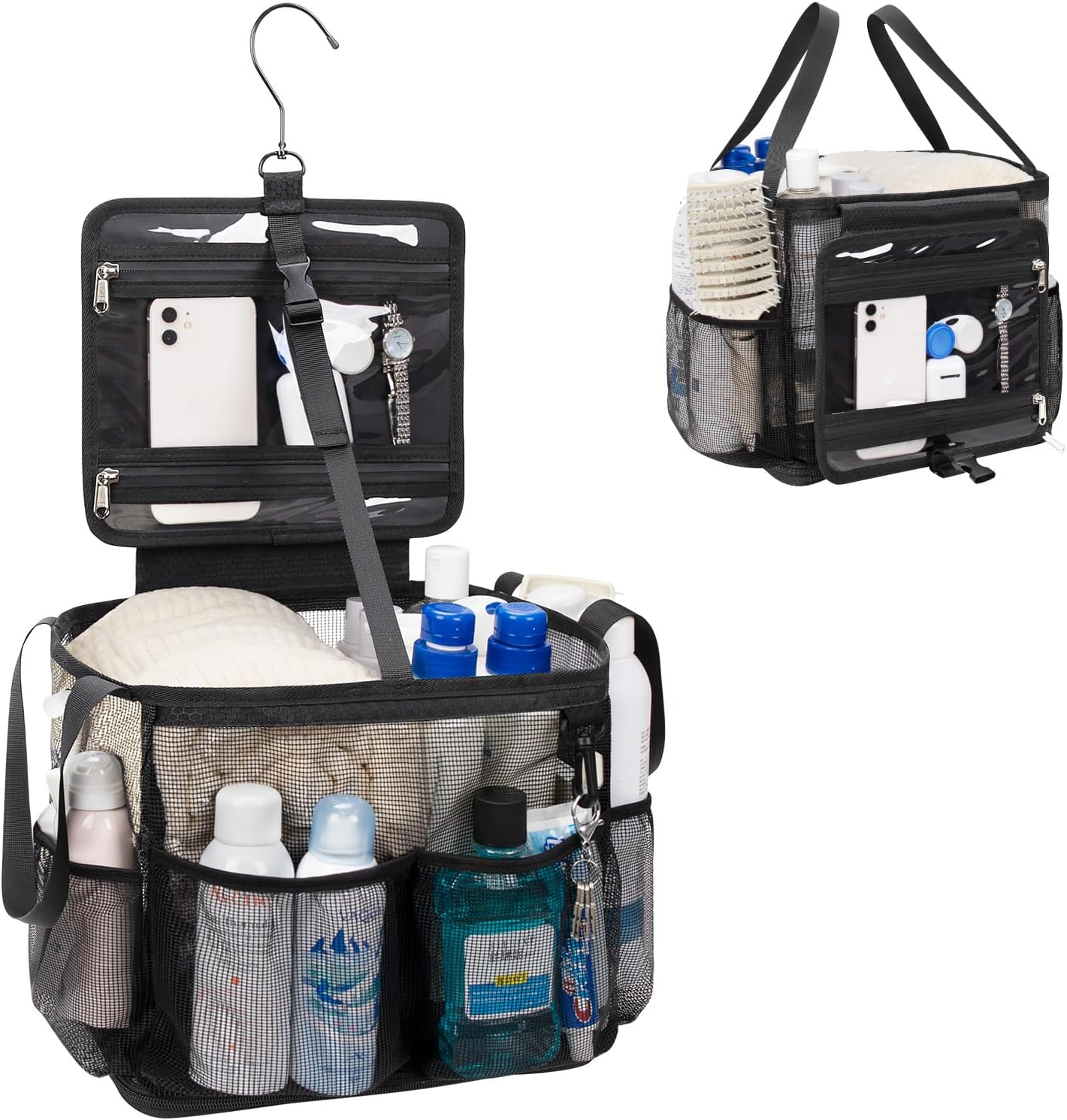 CUBETASTIC Shower Caddy Portable Mesh Shower Tote for Bathroom, Gym, Travel, Camping - Quick Dry Hanging Organizer Toiletry Bag with Handle for College Dorm Room, Men & Women (A# Black, 9.8")