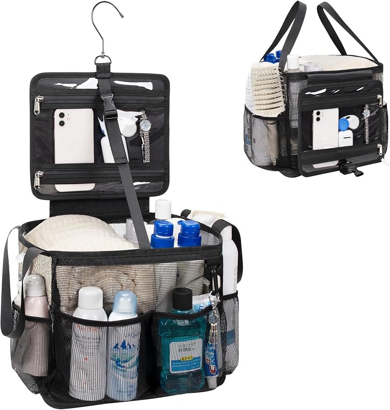 CUBETASTIC Necessaire organizadora suspensa de tela para banho, com 4 bolsos, divisor removível, fundo plástico e gancho giratório, 1 unidade