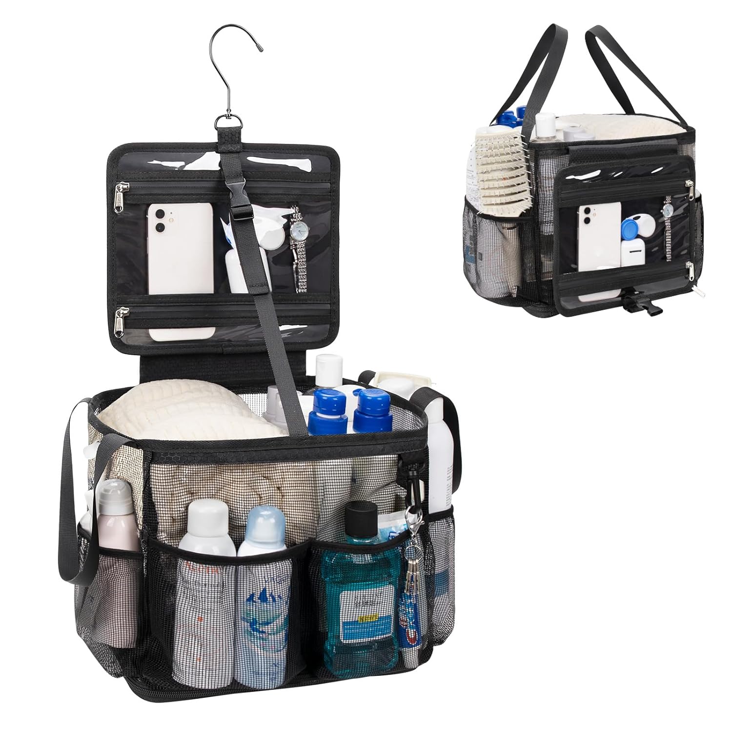 Mesh Shower Caddy Portable Quick Dry Hanging Toiletry Bag for College Dorm Essentials with 4 Pockets Divider Plastic