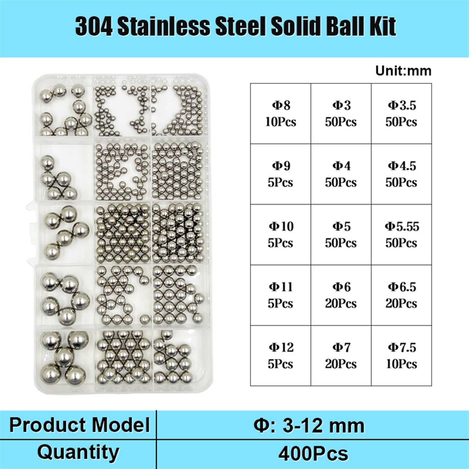 Kugellagerkugeln für Fahrräder 520/400/150 Stück hochpräzise 304-Edelstahlkugeln for Kugellager, Stahlperle, Fahrrad, glatt, solide Kugel-Set für Lenkrollen(400pcs 3-12mm)