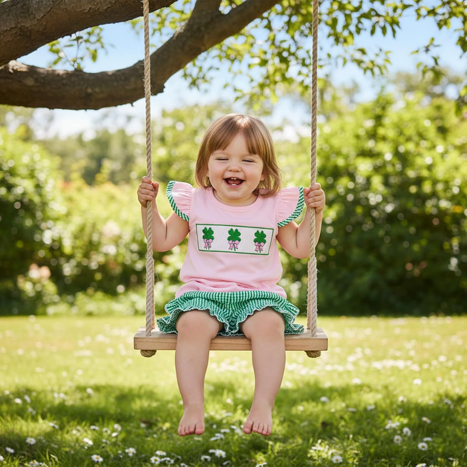 Karuedoo Toddler Baby Girl St Patricks Day Outfit Clover Embroidery Smocked Flutter Sleeve T Shirt Plaid Ruffle Shorts Set - Image 4