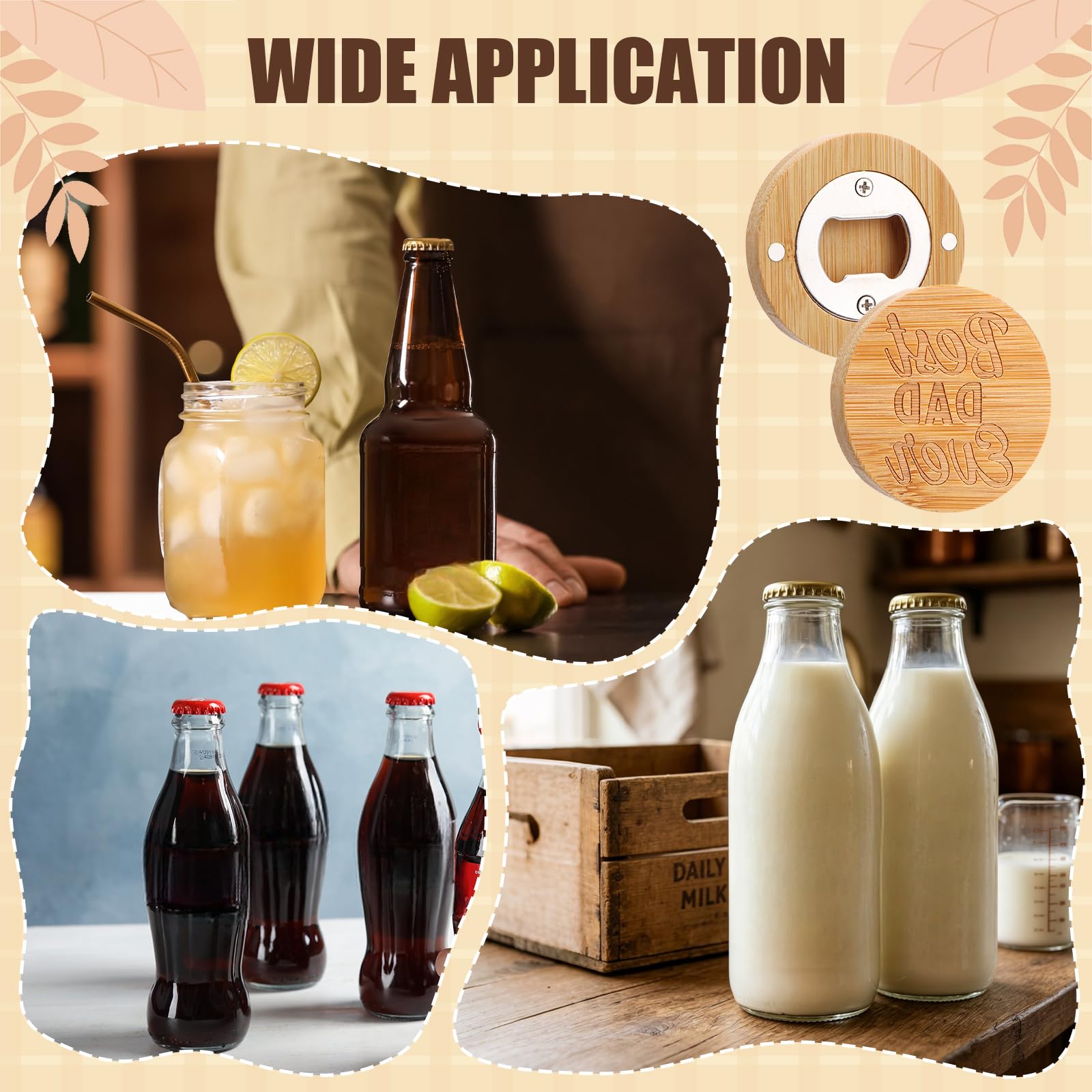 Mifoci 30 Pcs Father's Day Magnetic Bottle Opener Bulk Engraved Bamboo Round Shape Beer Openers with Round Perforated Sheet Drawstring Bag Hemp Rope for Father's Day Gifts Beer Lover