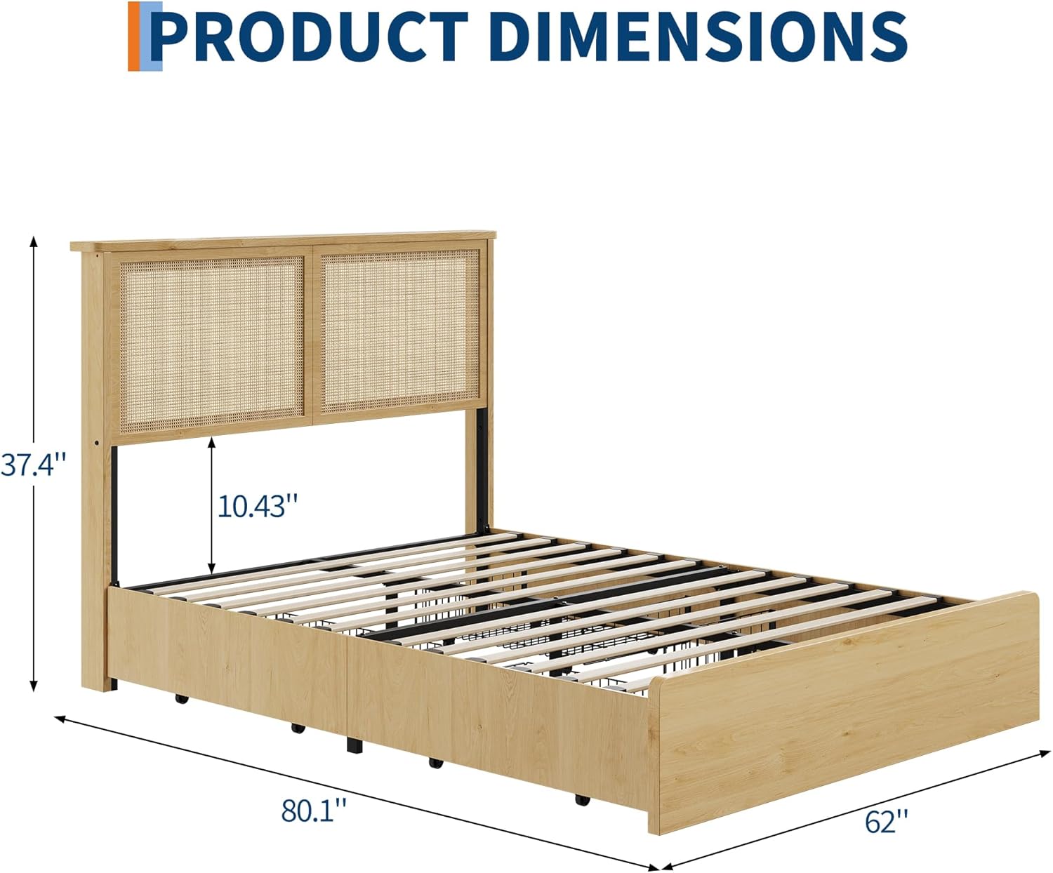 Garvee Queen Size Rattan Bed Frame with 4 Drawers, Bohemian Queen Rattan Bed Frame with Natural Headboard, Platform Queen Size Bed with Wooden Legs, LED Lights, No Box Spring Needed