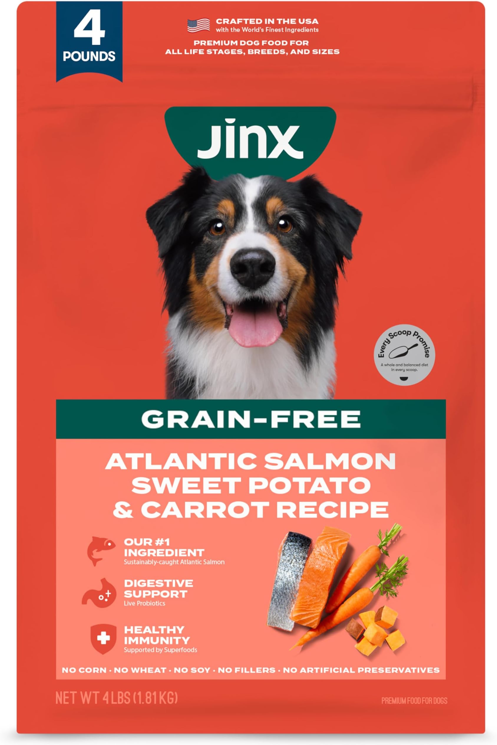 Jinx Premium Grain-Free Dry Dog Food, for All Lifestages - Real Salmon, Sweet Potato & Carrot Puppy Kibble with Superfoods for Immune Support & Probiotics for Digestive Support - No Fillers - 4lb