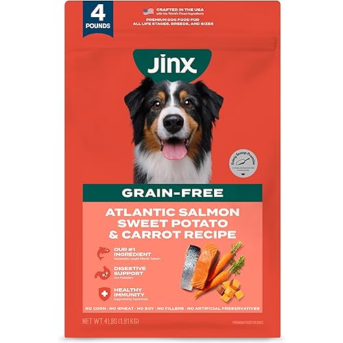 Jinx Premium Grain-Free Dry Dog Food, for All Lifestages - Real Salmon, Sweet Potato & Carrot Puppy Kibble with Superfoods for Immune Support & Probiotics for Digestive Support - No Fillers - 4lb