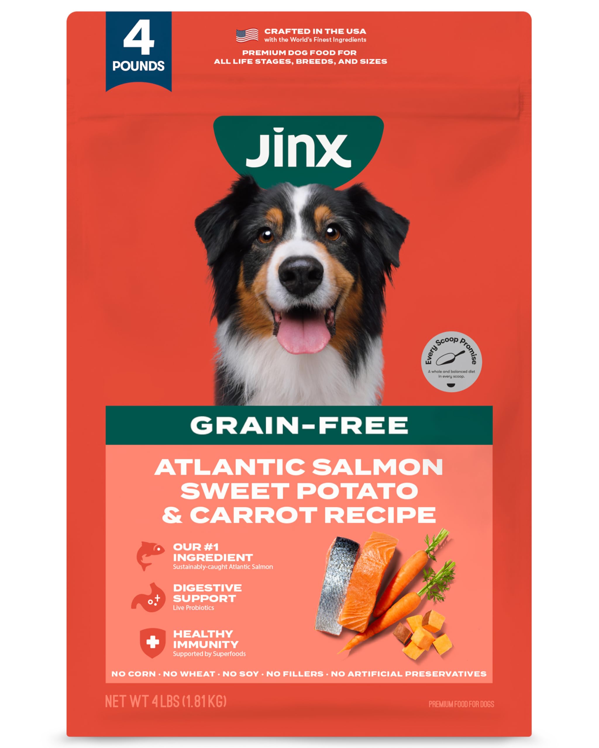 Jinx Premium Grain-Free Dry Dog Food, for All Lifestages - Real Salmon, Sweet Potato & Carrot Puppy Kibble with Superfoods for Immune Support & Probiotics for Digestive Support - No Fillers - 4lb