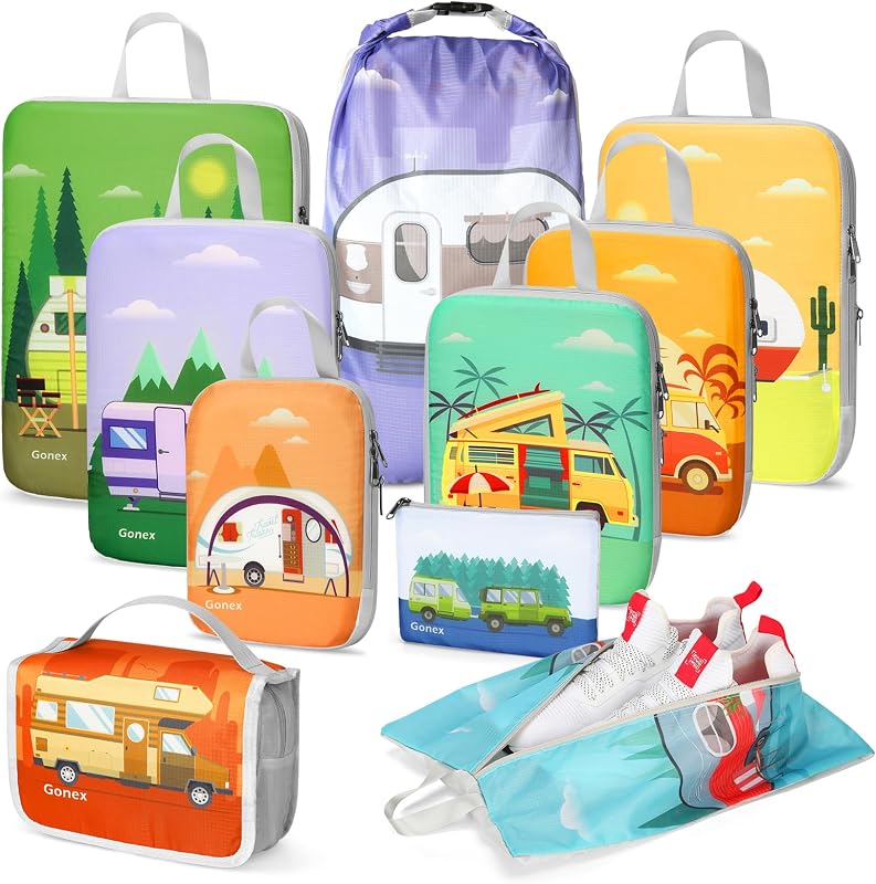 Gonex Juego de cubos de embalaje de compresión de 10 piezas con organizador de viaje | Diseño estampado único, tela antidesgarros, compresión con doble cremallera, bolsa para zapatos, bolsa para lavandería, bolsa para accesorios