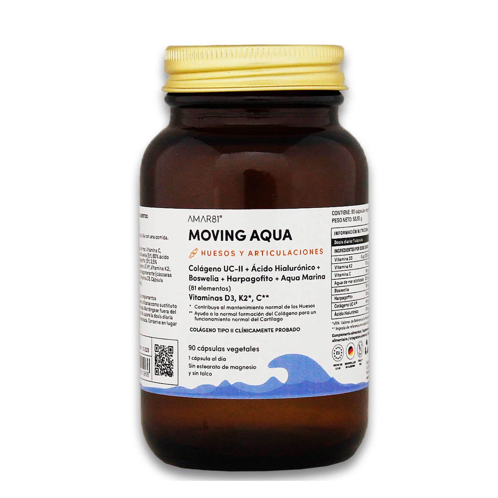 Colágeno UC-II®, Ácido hialurónico, Boswellia, Harpagófito y Sales minerales de agua de mar | Suplemento alimenticio para articulaciones, movilidad y huesos | MOVING AQUA | 90 cápsulas