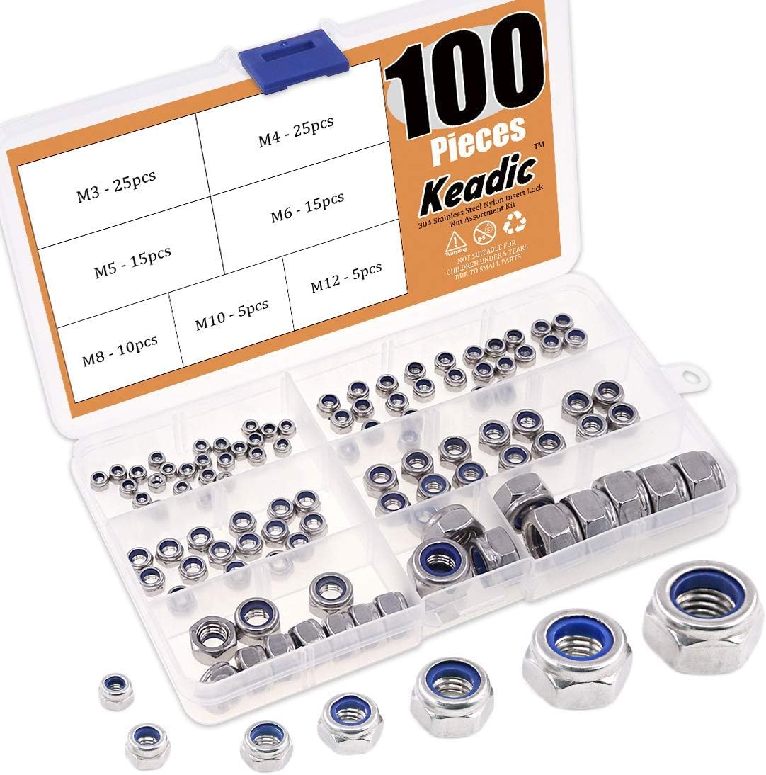 Keadic 100Pcs 304 Stainless Steel Metric Nylon Insert Lock Nut Assortment Kit - 7 Sizes: M3 M4 M5 M6 M8 M10 M12