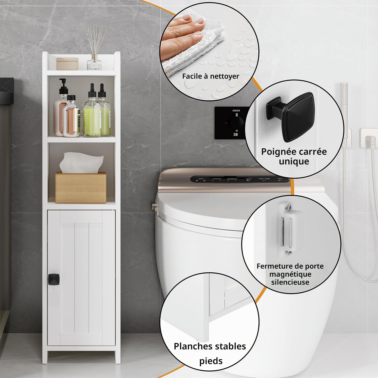 Lomojo Petit meuble d'angle de salle de bain, avec étagères réglables, autoportant, étroit, organisateur pour papier toilette pour petits espaces (blanc)