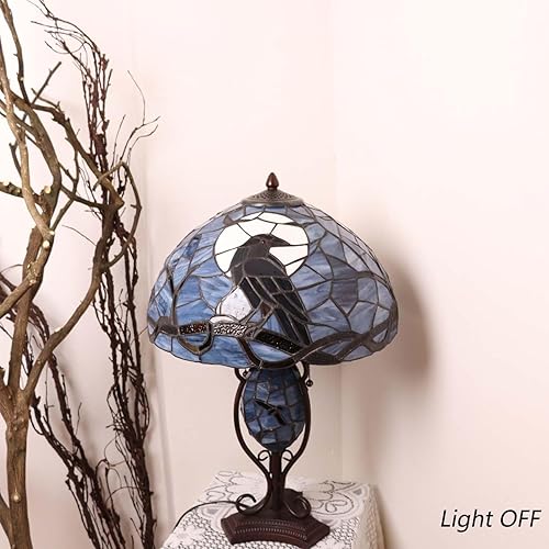Miniatura 2 de Bieye L10954 Raven sentado en rama de árbol desnudo en luna llena noche estilo Tiffany lámpara de mesa de vidrieras para decoración del hogar (azul