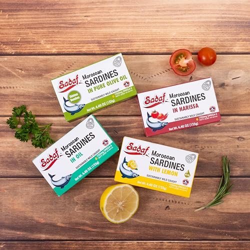 Miniatura 6 de Sadaf Sardinas marroquíes prémium en aceite de oliva, sardinas sostenibles capturadas en la naturaleza para cocinar, sardinas enlatadas en aceite de
