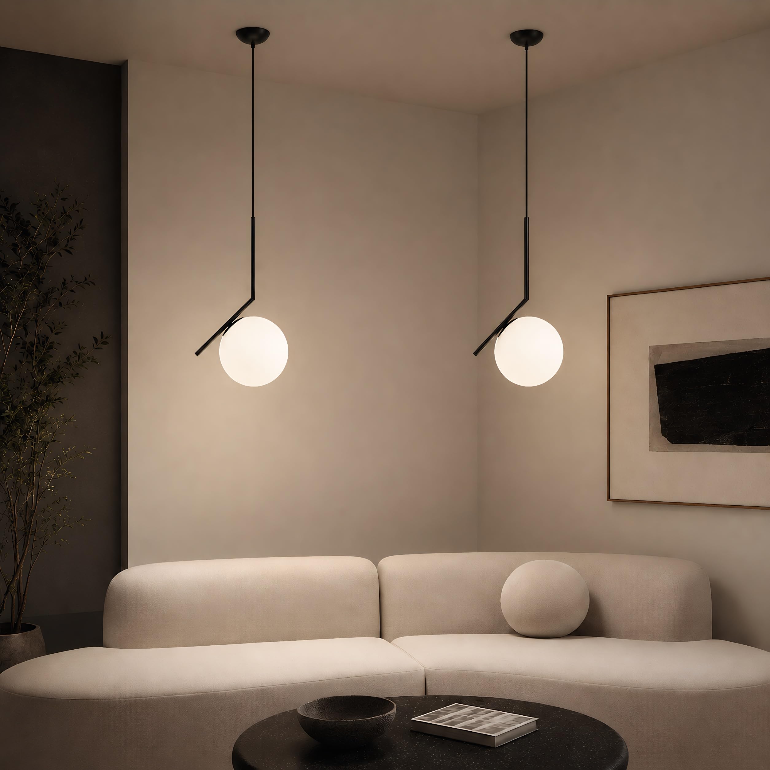 Lampada a sospensione asimmetrica in vetro, Lampada E27, Globo in vetro opalino, Asta in ferro nera, Cavo regolabile da 120cm per cucina, sala da pranzo, camera, caffetteria (30CM)