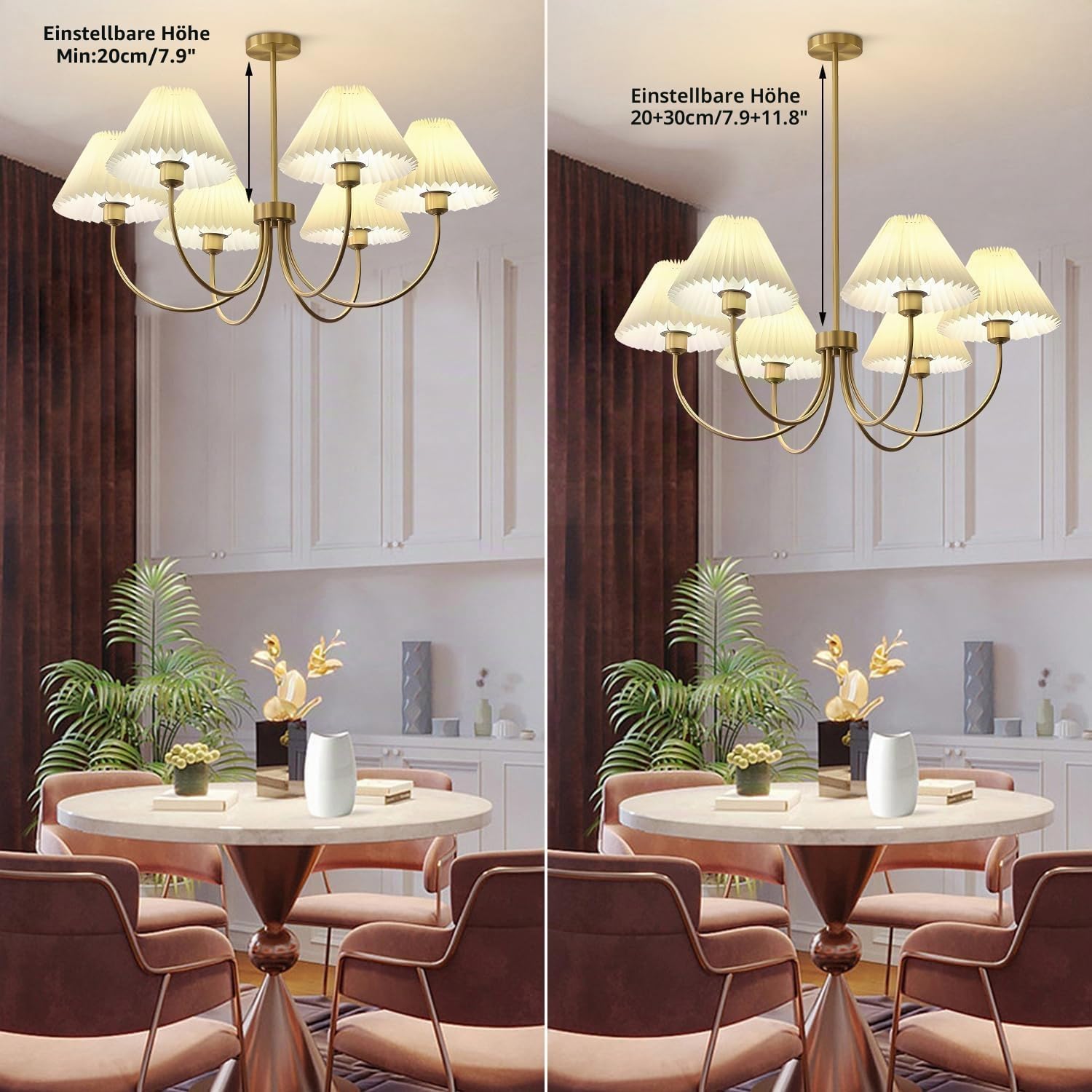 KCO Lighting Kronleuchter Gold 6-Flammig — Pendelleuchte mit Plissierten Stoffschirmen, E27, Höhenverstellbar für Esszimmer & Wohnzimmer