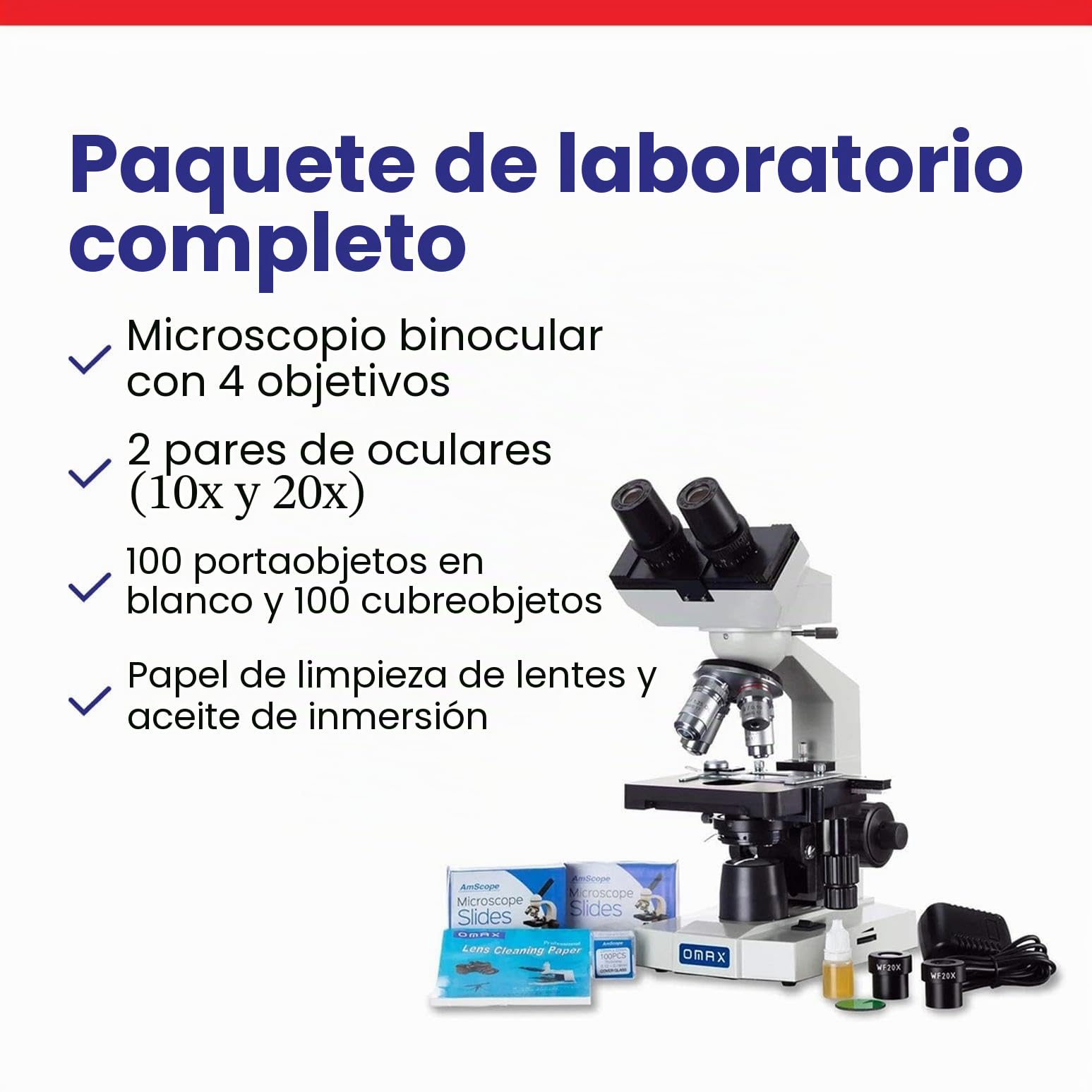 OMAX - 40X-2000X Binocular Microscopio Compuesto LED Lab con Doble Capa Etapa Mecanica + 100 Tapas de Diapositivas en Blanco y Vidrio + 50 Papel Limpiador de Lentes