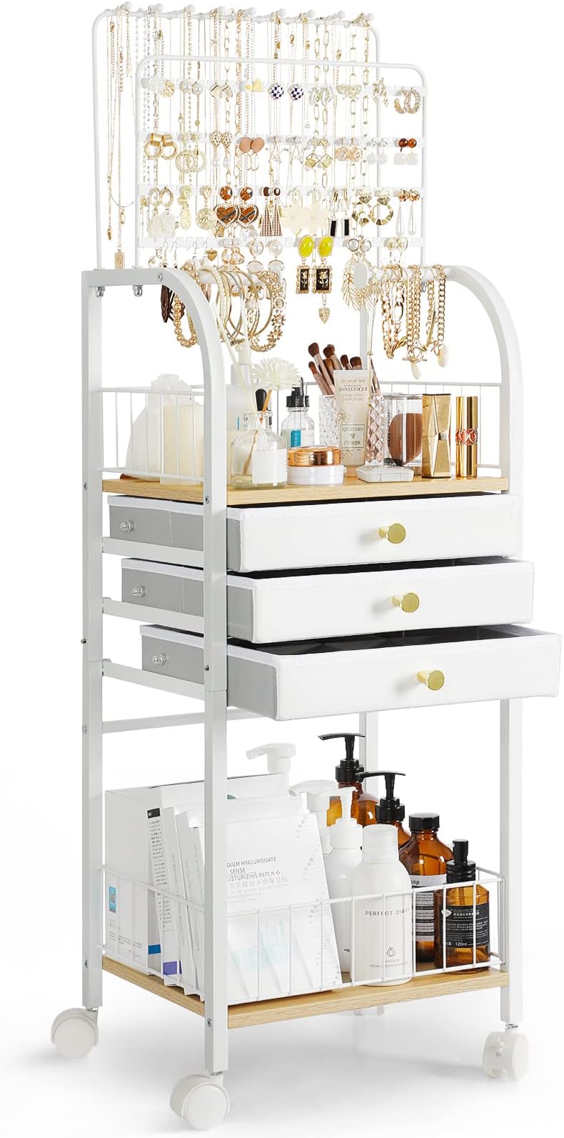 Large Floor Jewelry Organizer Stand with 3 Drawers - White