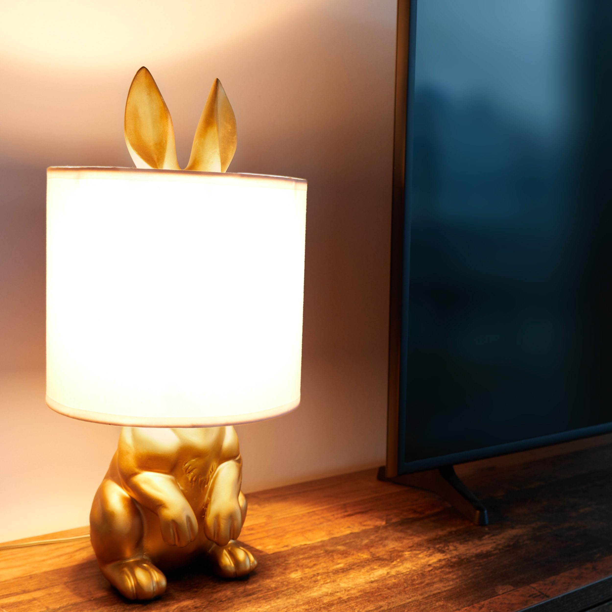 BRUBAKER Tisch- oder Nachttischlampe Goldener Hase - Tischleuchte mit Keramikfuß und Stoffschirm - 42 cm Höhe, Weiß Gold