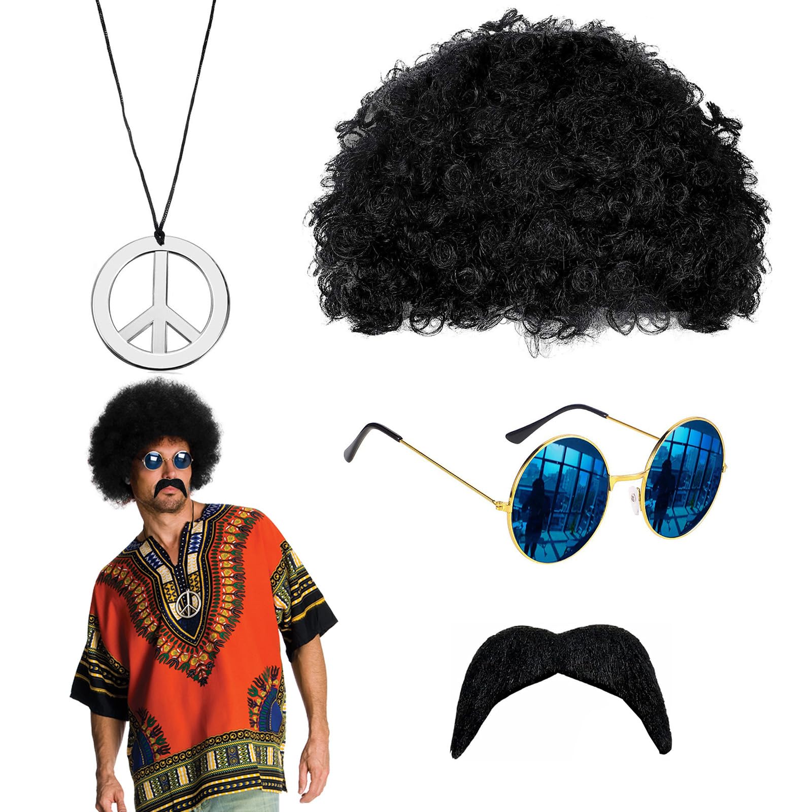 Conjunto de Disfraces de Hippies, Set de Disfraz de Hippie, Peluca Afro, Pelucas Hombre, Peluca Hippie, Accesorios De Disfraz Hippie, para Carnaval Fiesta Disfraces Hippie Halloween (4 Pcs)