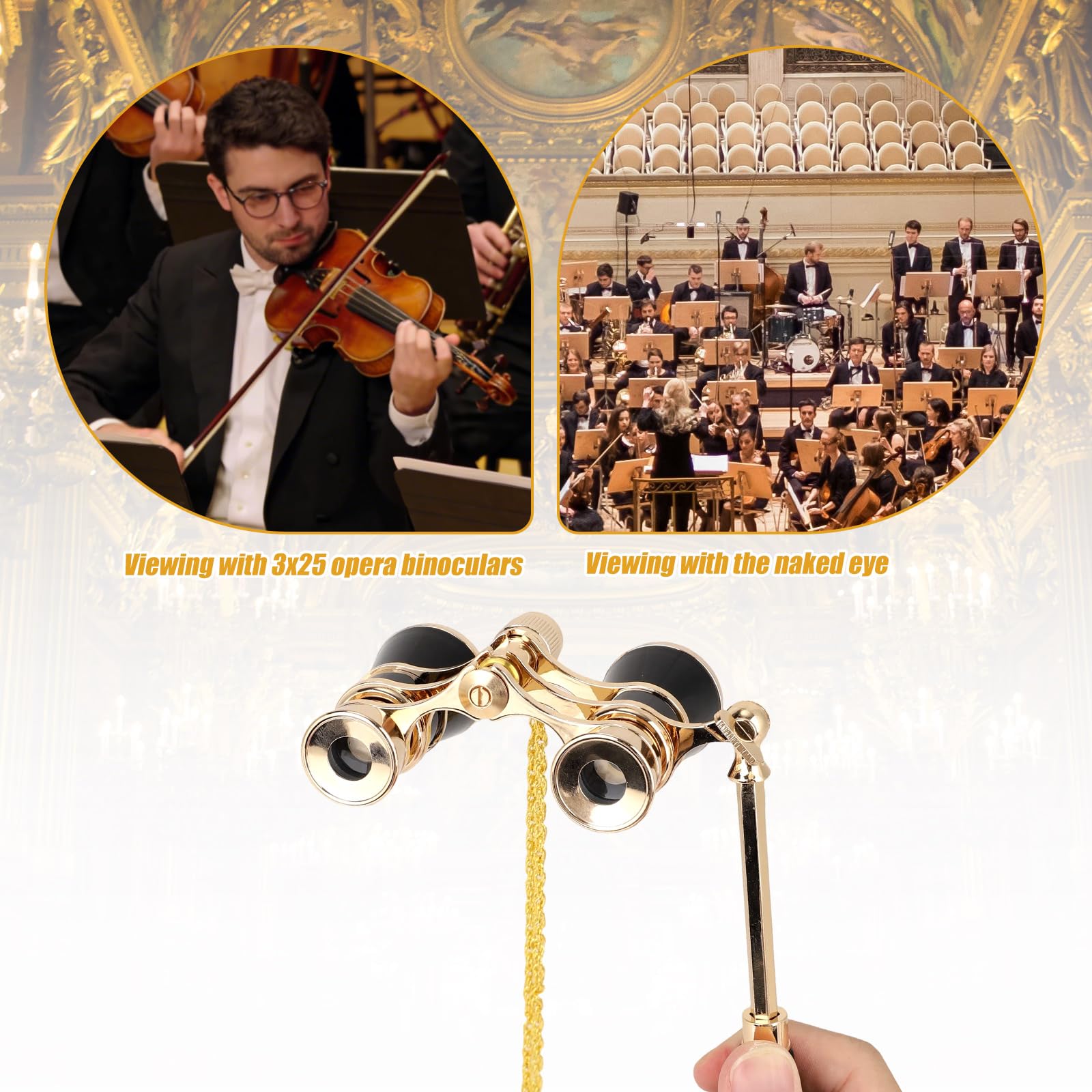 Binocolo Opera 3X25, Mini Binocolo Teatro Compatto con Manico Regolabile e Catena Occhiali da Teatro Vintage Portatile per Donne Adulti Bambini Concerti Cinema Eventi Musicali