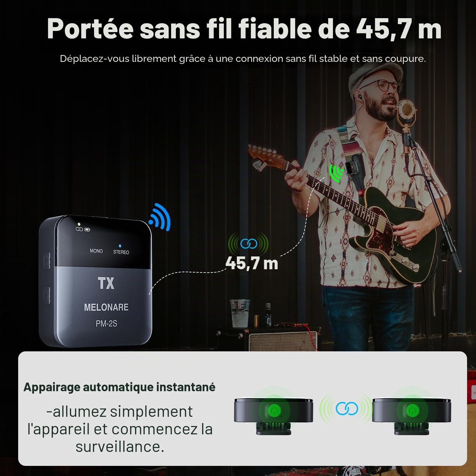 MELONARE PM-2S Système de moniteur intra-auriculaire sans fil portable, commutateur mono/stéréo, émetteur et récepteur sans fil, audio 24 bits/48 kHz, entrée OTG, IEM pour spectacles en direct