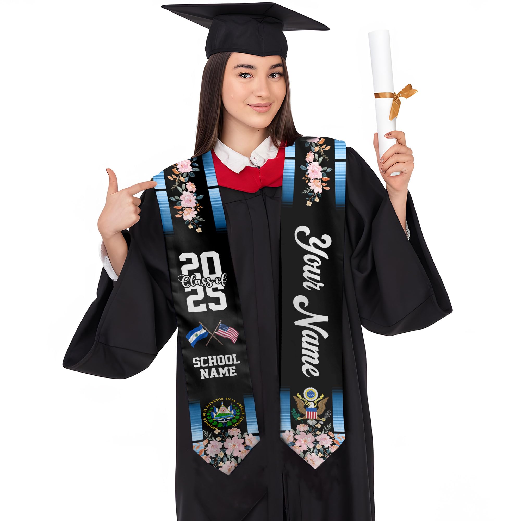 MonkeyVan Custom El Salvador Graduation Sash, El Salvador Stole, Salvadorans Graduation Sash 2025, El Salvador Flag Grad Stole Esvd 3