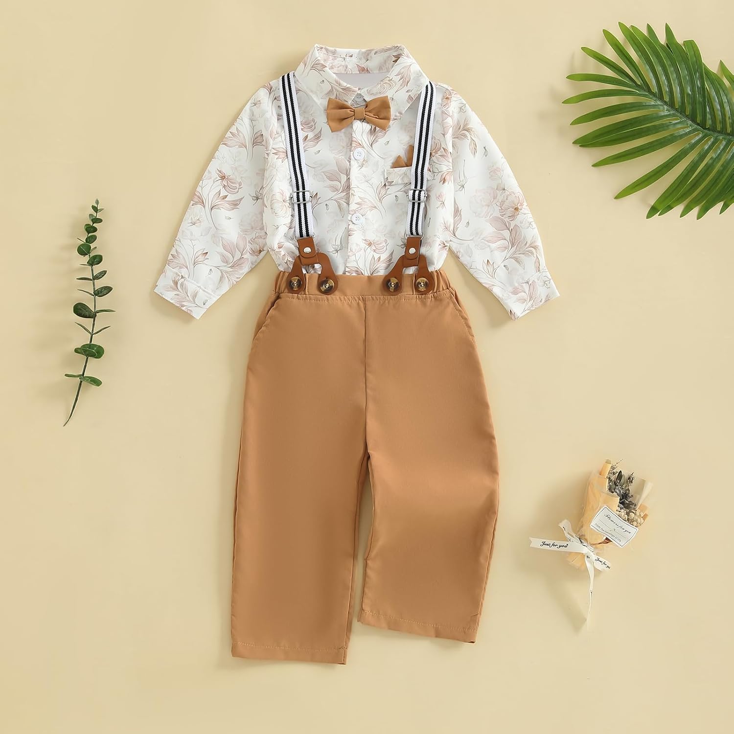 fhutpw Toddler Boy Clothes Suit Formal Dress Shirt with Bowtie & Suspender Pants Kids Gentleman 3pcs Wedding Outfits - Image 4