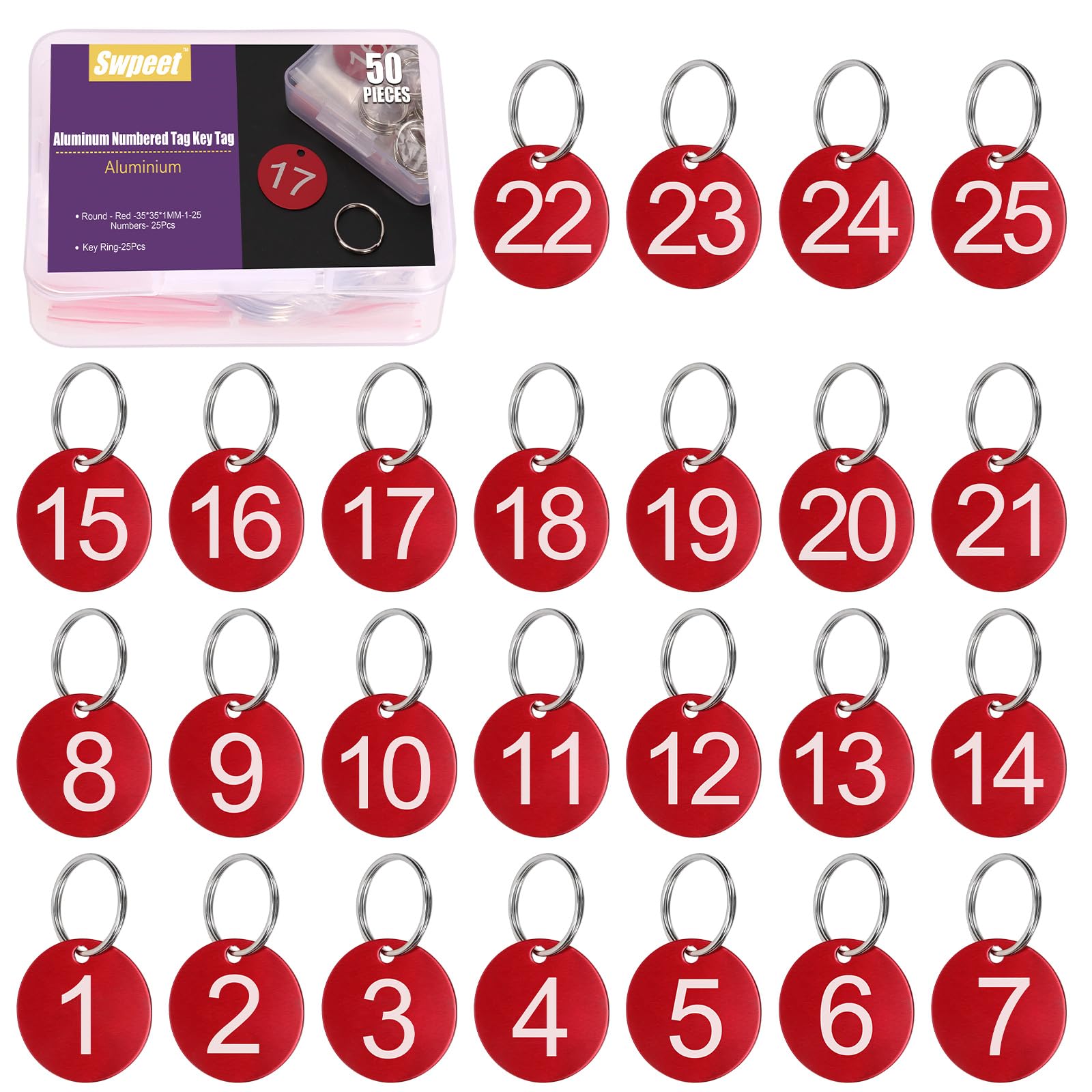 Swpeet 50Pcs 1-25 Number Red Round Aluminum Number Tags with Key Rings Assortment Kit, Metal Keychain Tag with Keyrings Numbered Key Tags ID Tag for Coding, Decoration